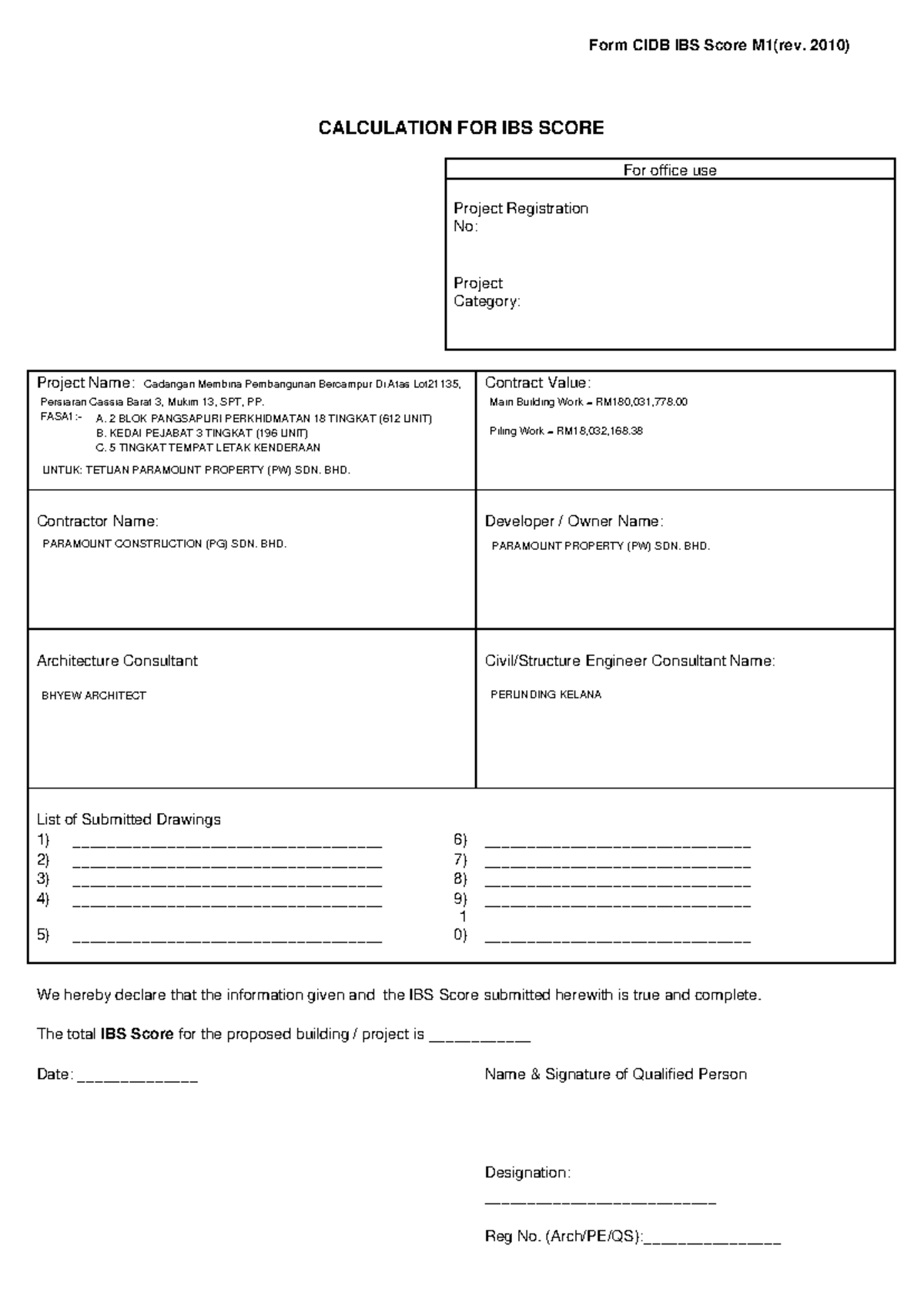 CIDB IBS Score Calculation M1 (Rev. 2010) for Mixed Development Project ...