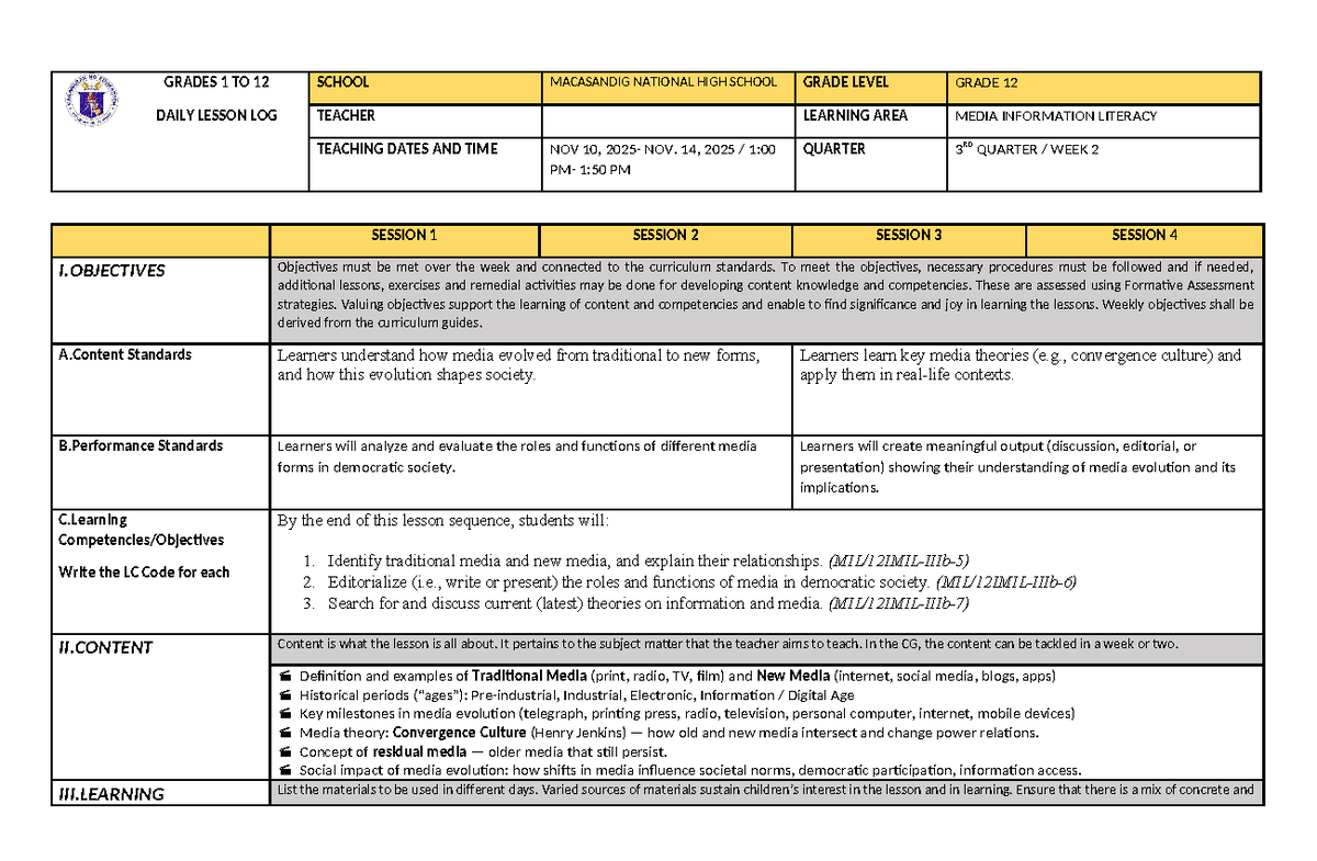 MIL DLL WEEK 2: Media Information Literacy Lesson Plan for Grade 12 ...