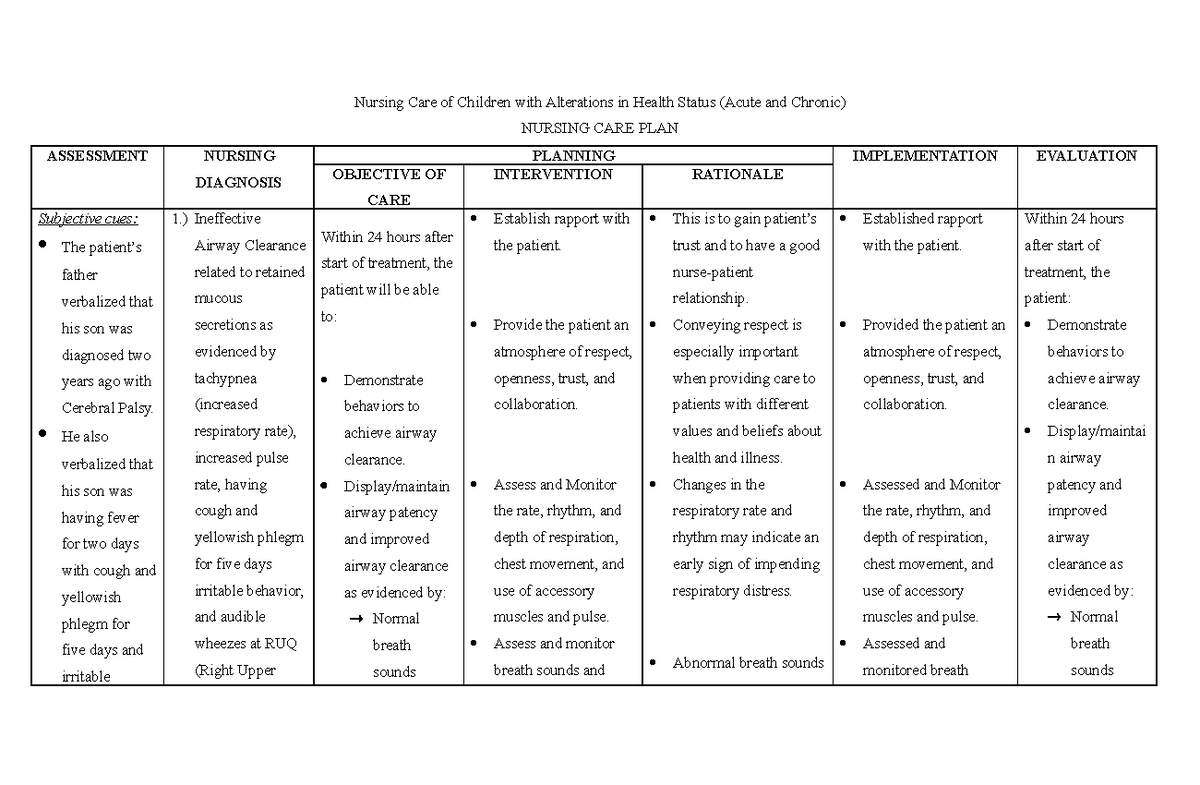 NCP for Ineffective Airway Clearance in Pediatric Patients (Course Code ...