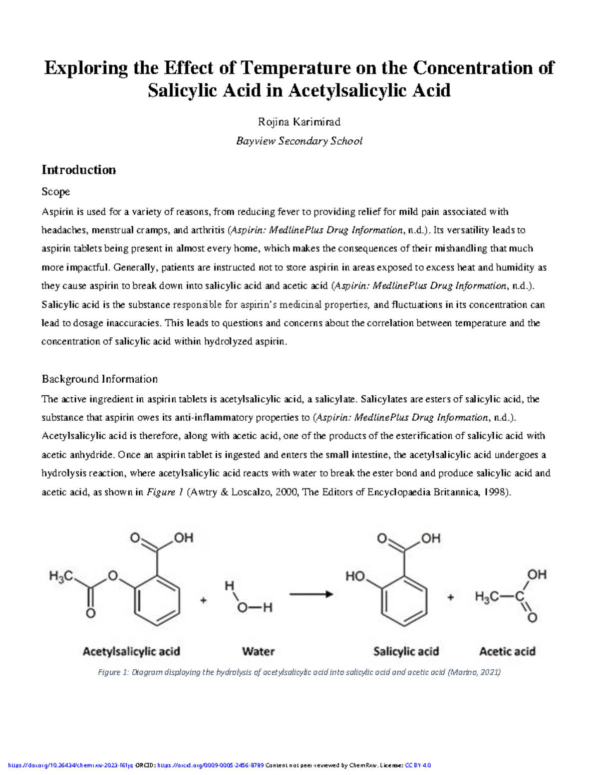 Effect of Temperature on Salicylic Acid Concentration in Aspirin ...