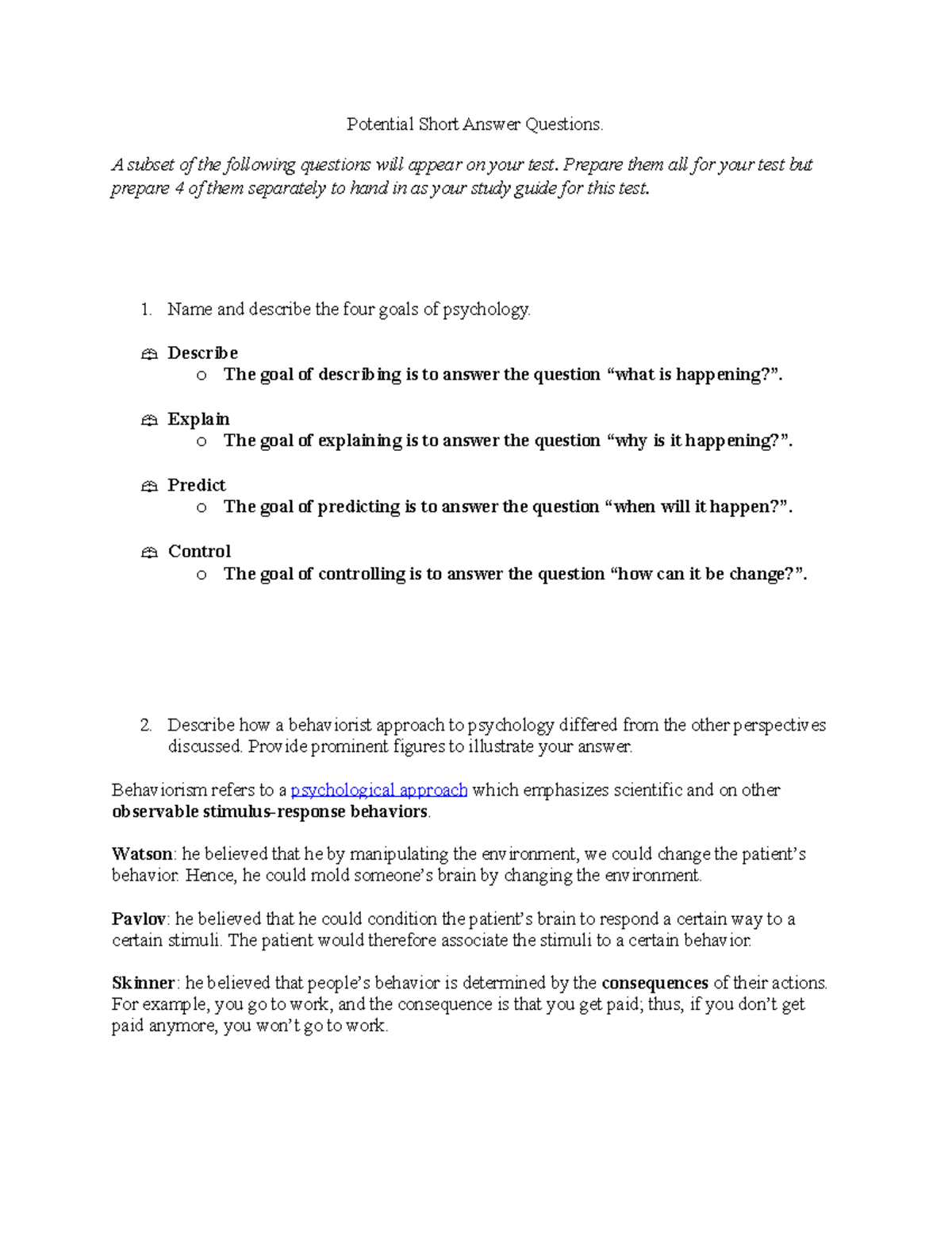 Psychology 101 - Test 1 Study Guide: Key Questions & Concepts - Studocu
