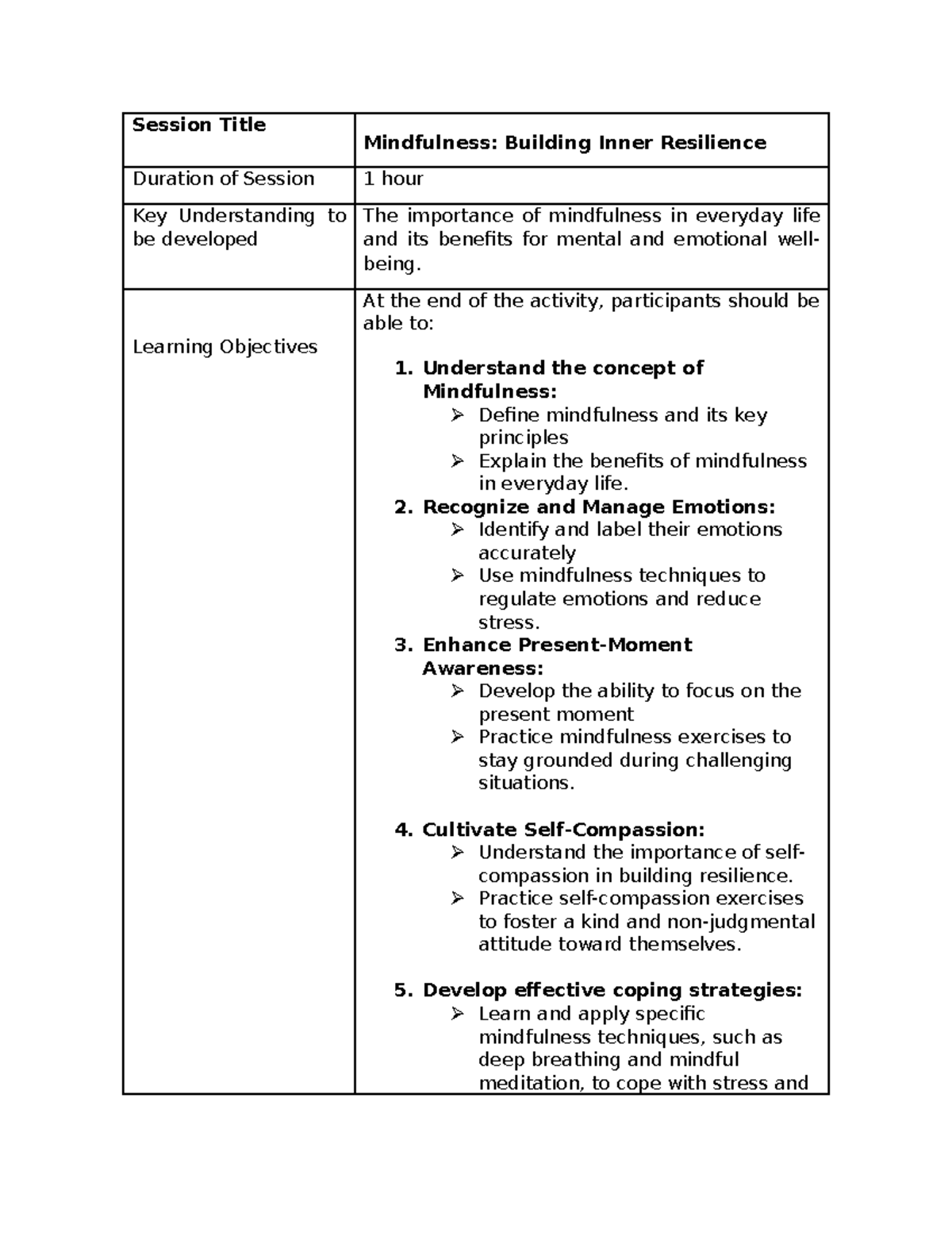 Mindfulness-Session Guide - Session Title Mindfulness: Building Inner ...
