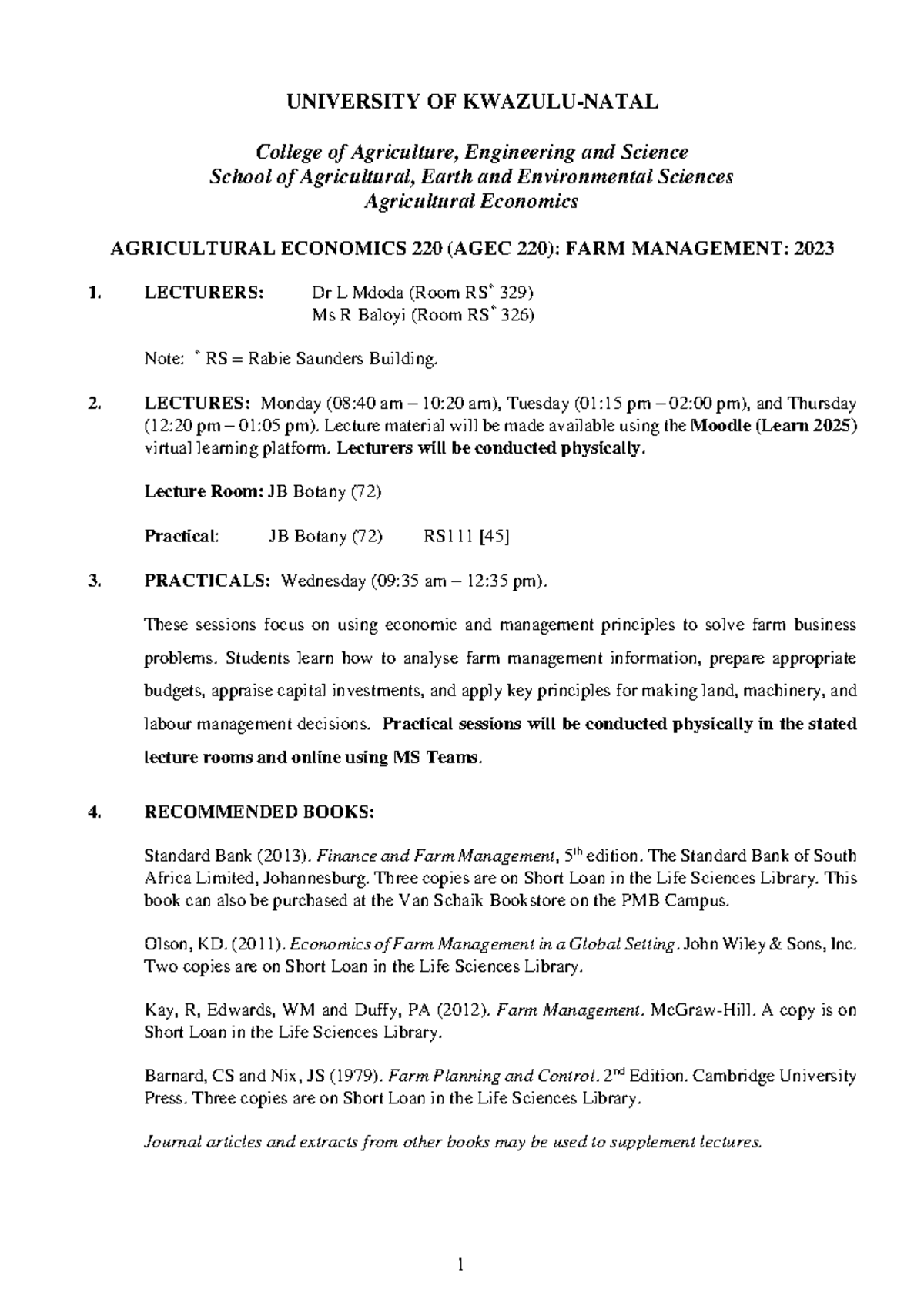 AGEC 220 Course Outline 2025 - UNIVERSITY OF KWAZULU-NATAL College of ...