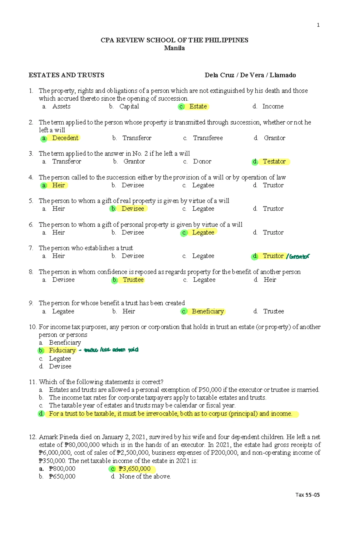 CPAR Taxation of Estates and Trusts Overview (Batch 95) - Studocu