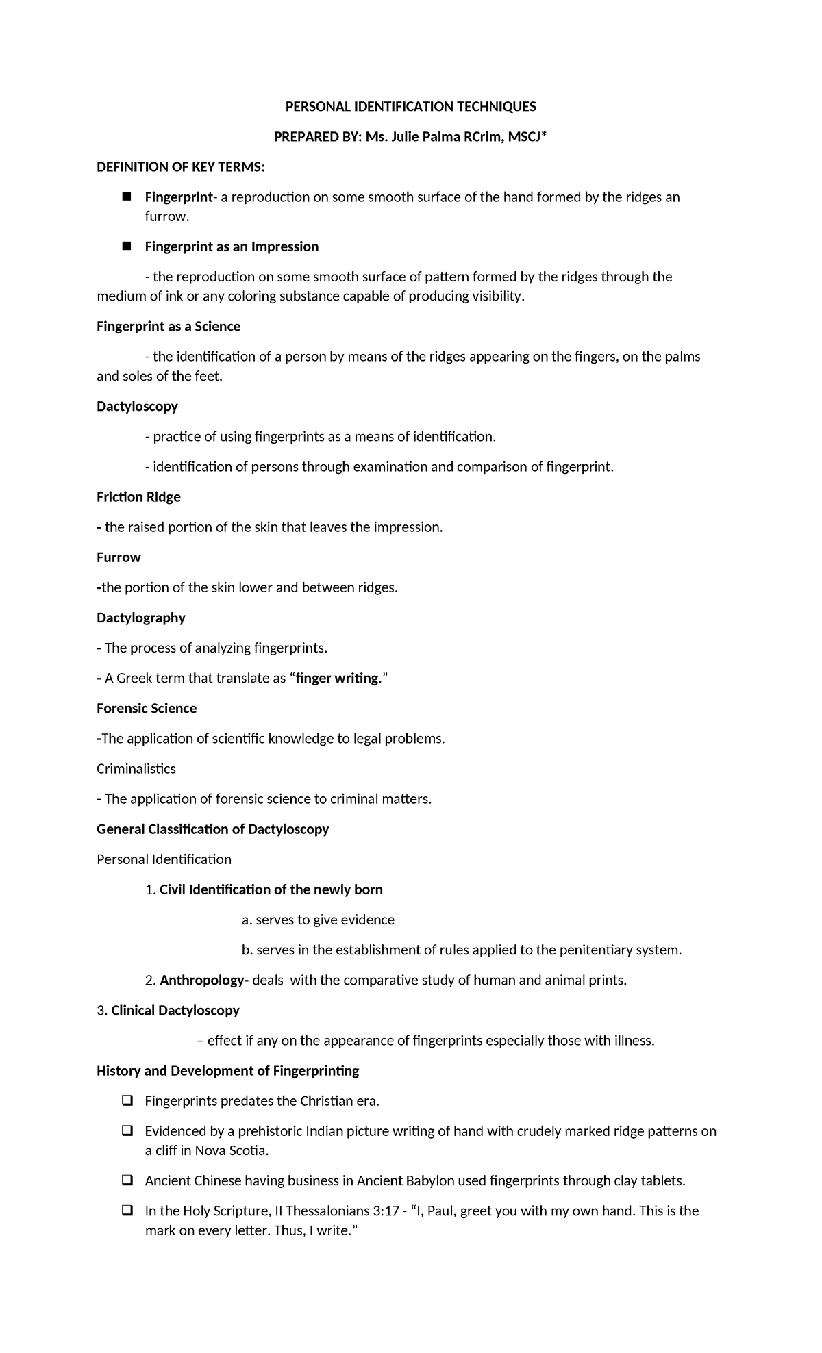 Personal Identification Techniques: Fingerprinting Essentials RCrim ...