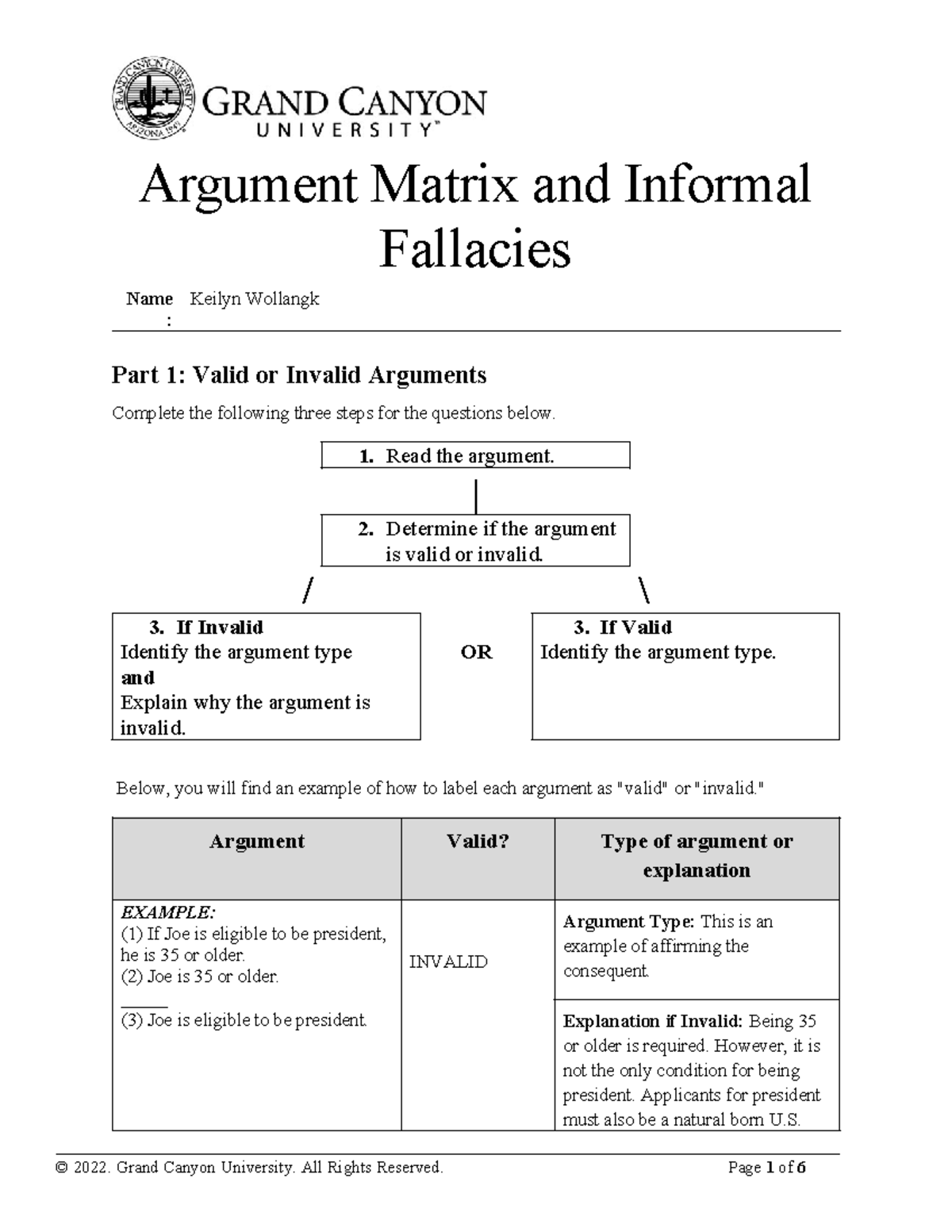 Argument Matrix - 1. Read the argument. | 2. Determine if the argument ...