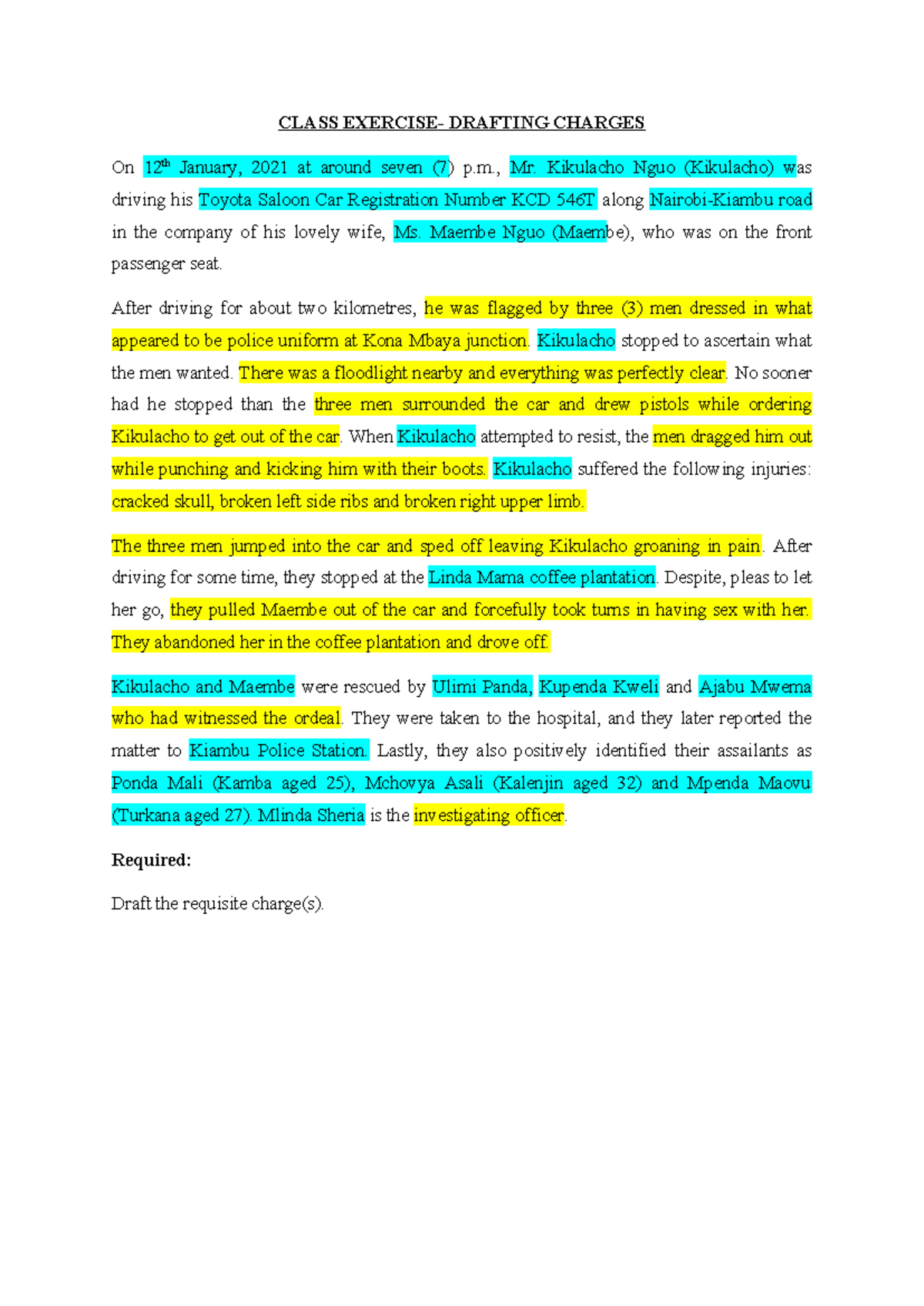 Class Drafting Exercise - Charges for Assault & Kidnapping - Studocu