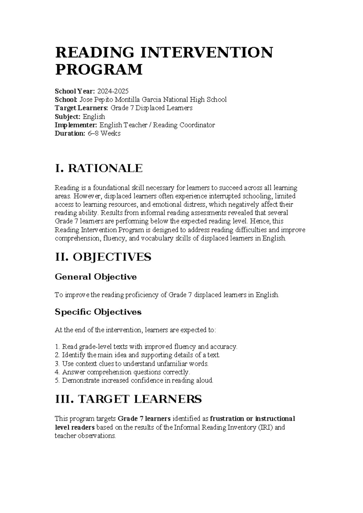 Reading Intervention Program for Grade 7 Displaced Learners - Studocu