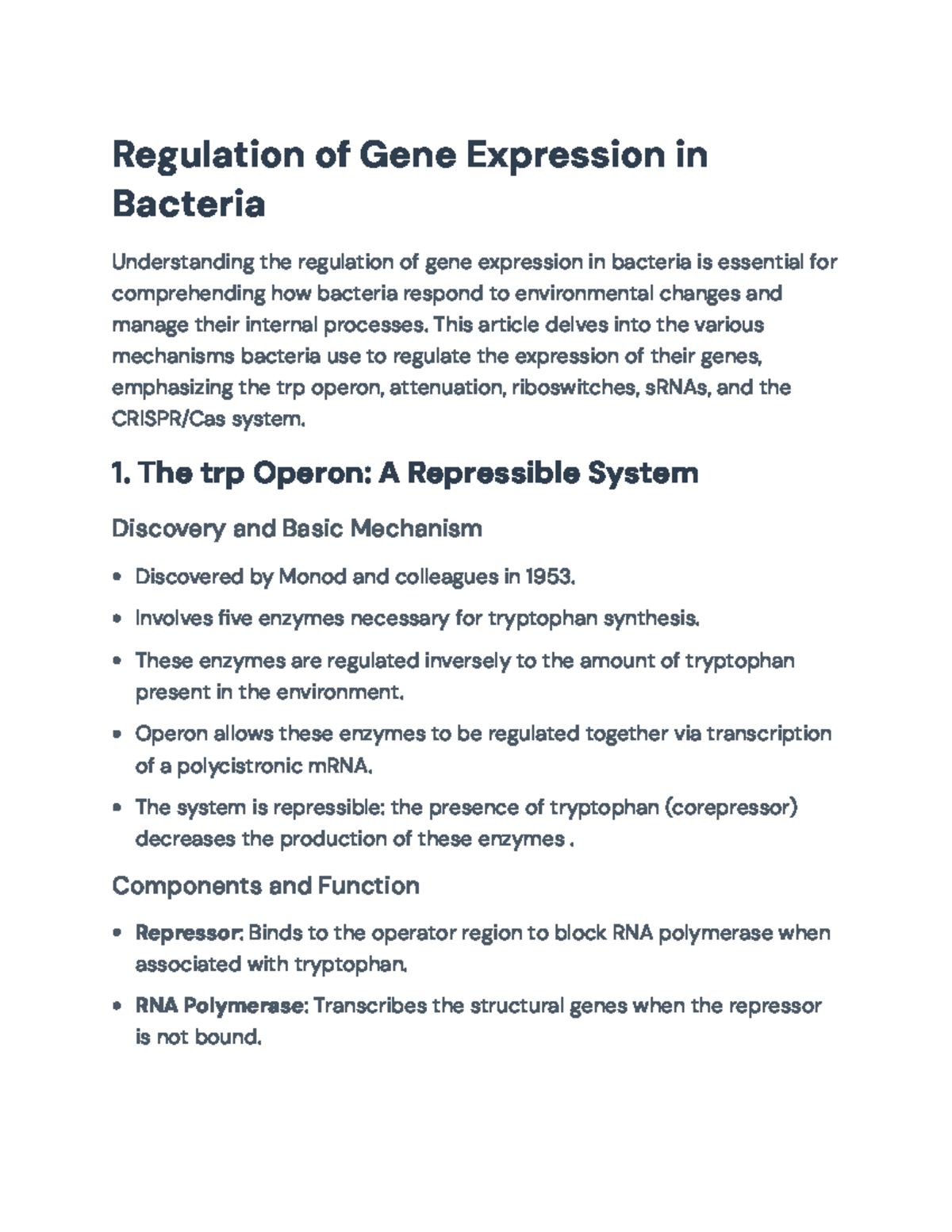 Regulation of Gene Expression in Bacteria: The trp Operon and Beyond ...