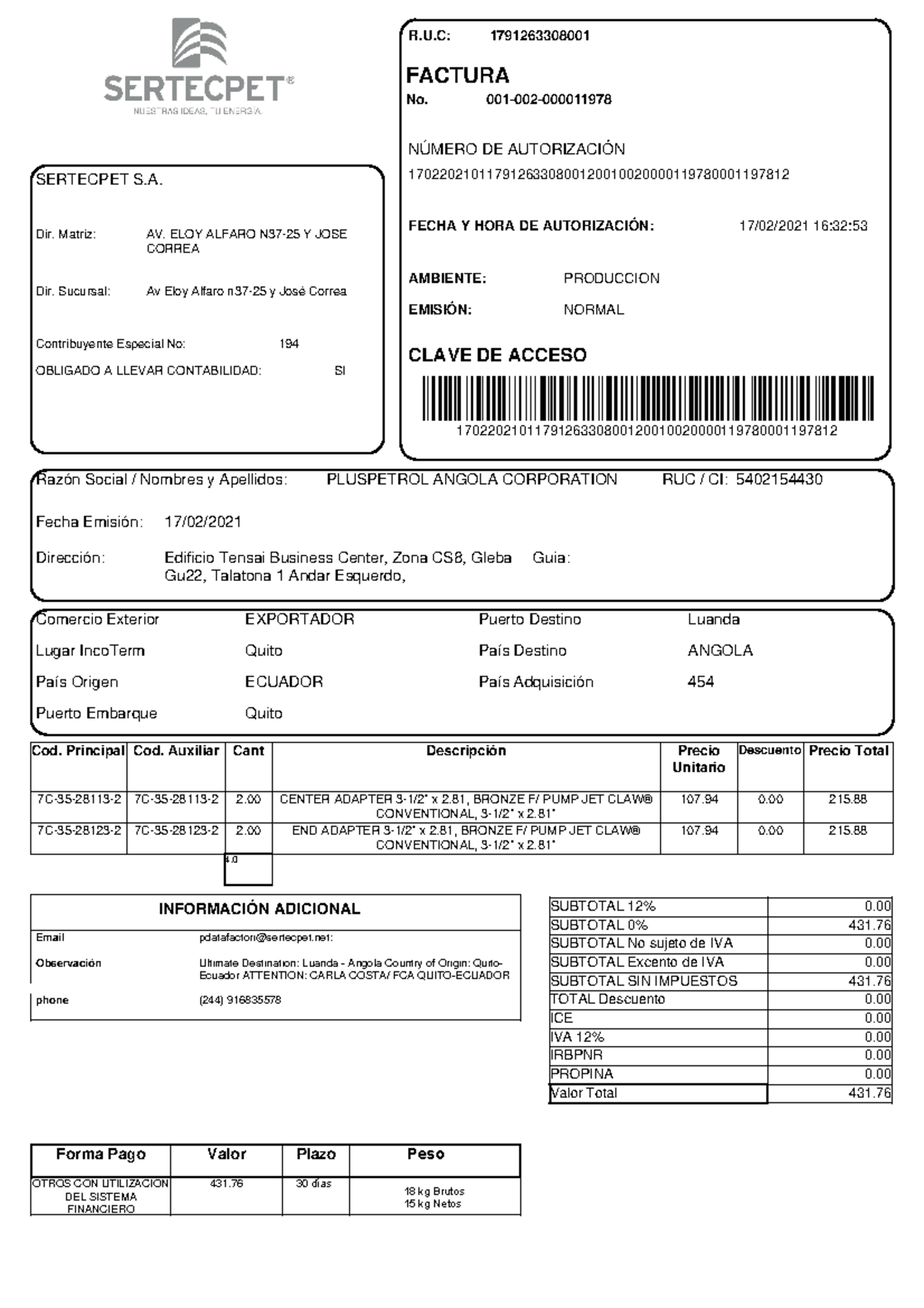 Factura Comercial Exportación - Información Detallada - Document Preview