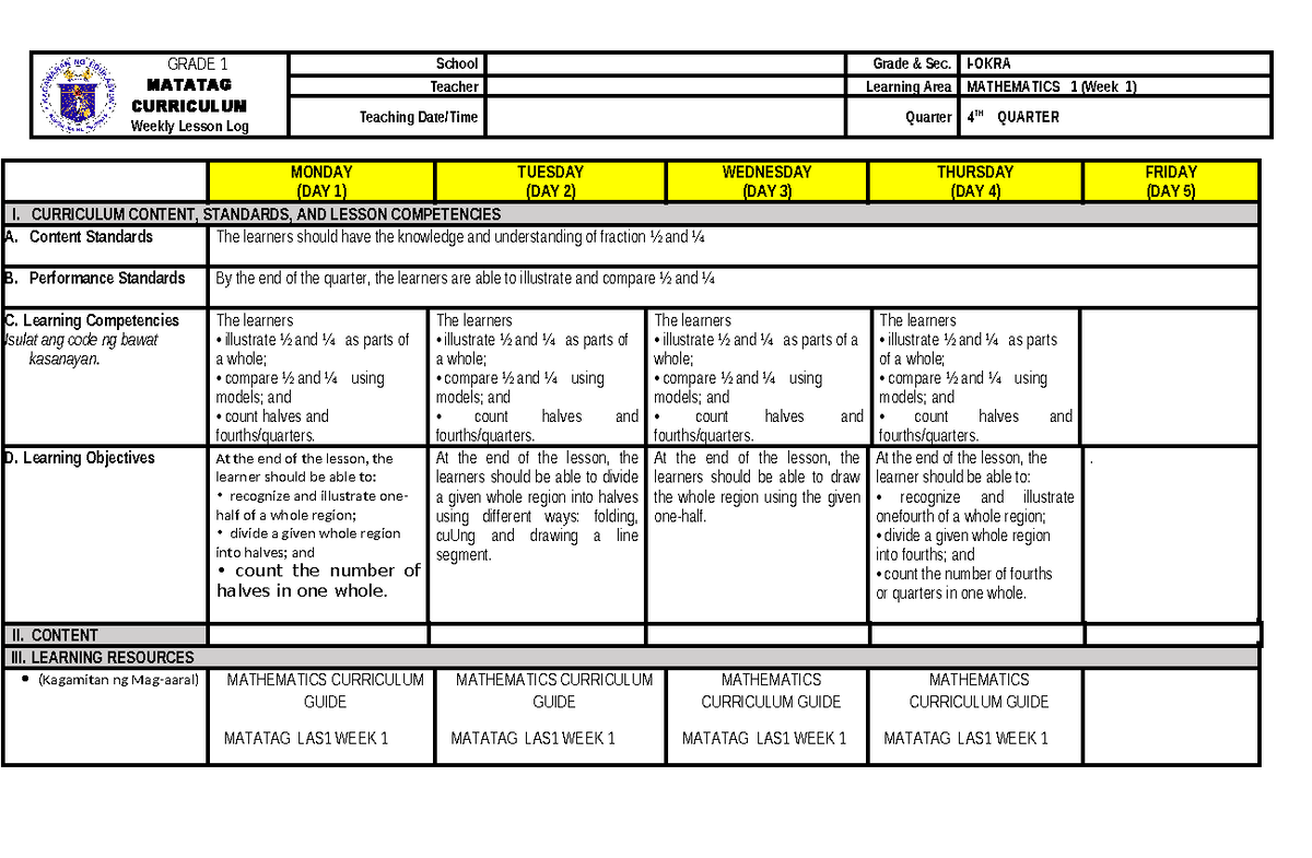 Q4G1 MATH W1 - ,njmftl - GRADE 1 MATATAG CURRICULUM Weekly Lesson Log ...