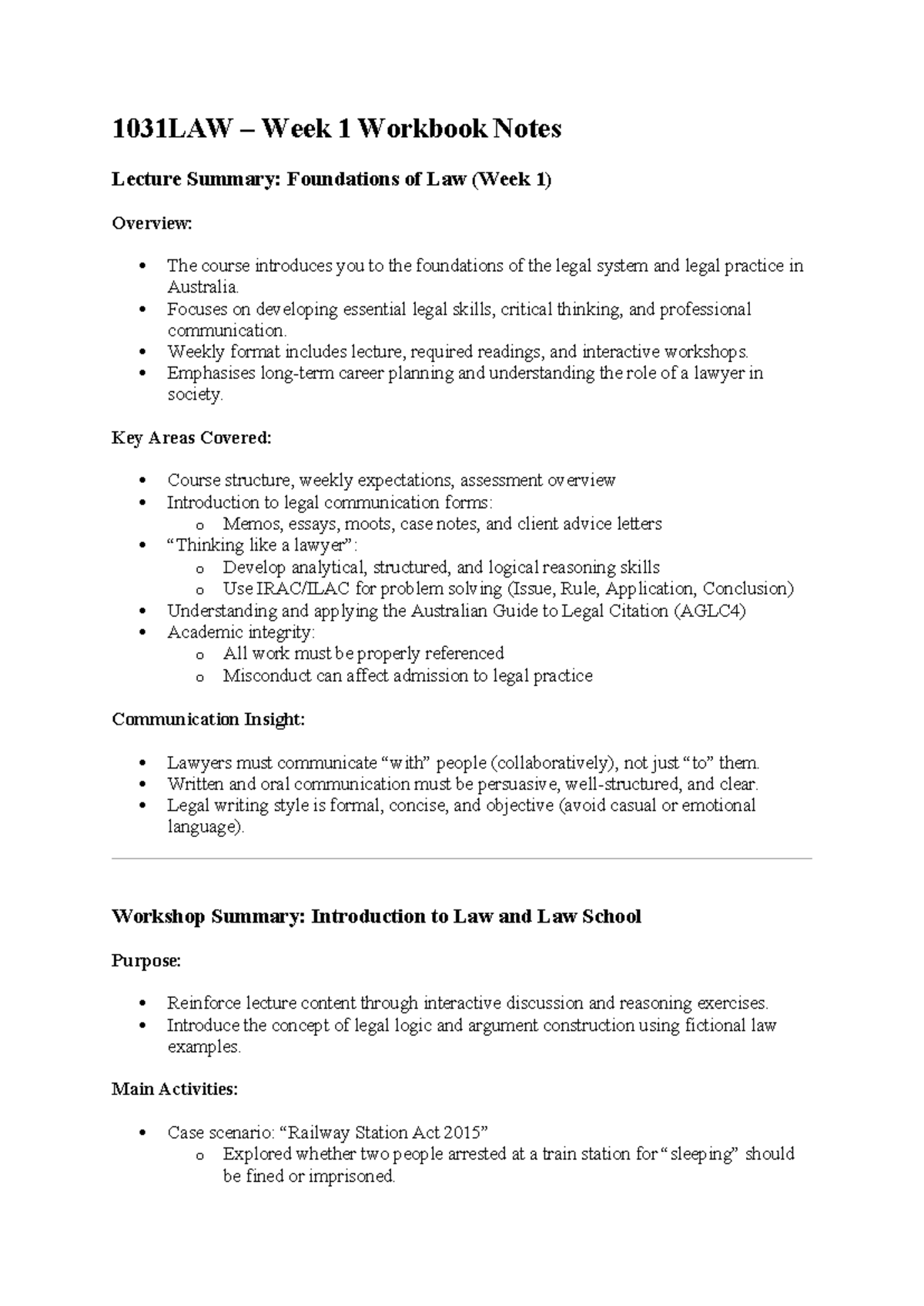 1031LAW Week 1 Lecture Notes: Foundations of Law Overview - Studocu