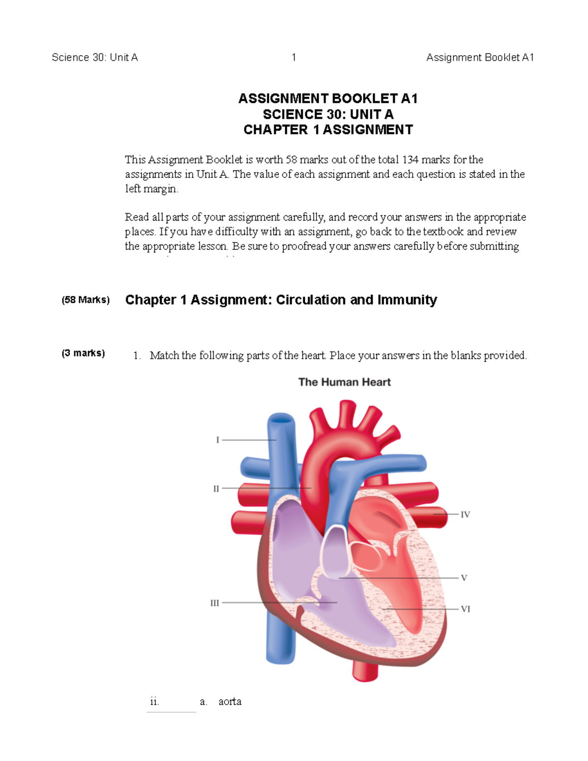 Science 30 A1: Unit A Chapter 1 Assignment on Circulation & Immunity ...