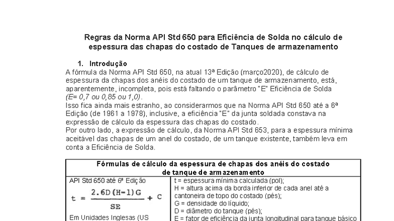Regras da Norma API Std 650 sobre Eficiência de Solda em Tanques - Studocu