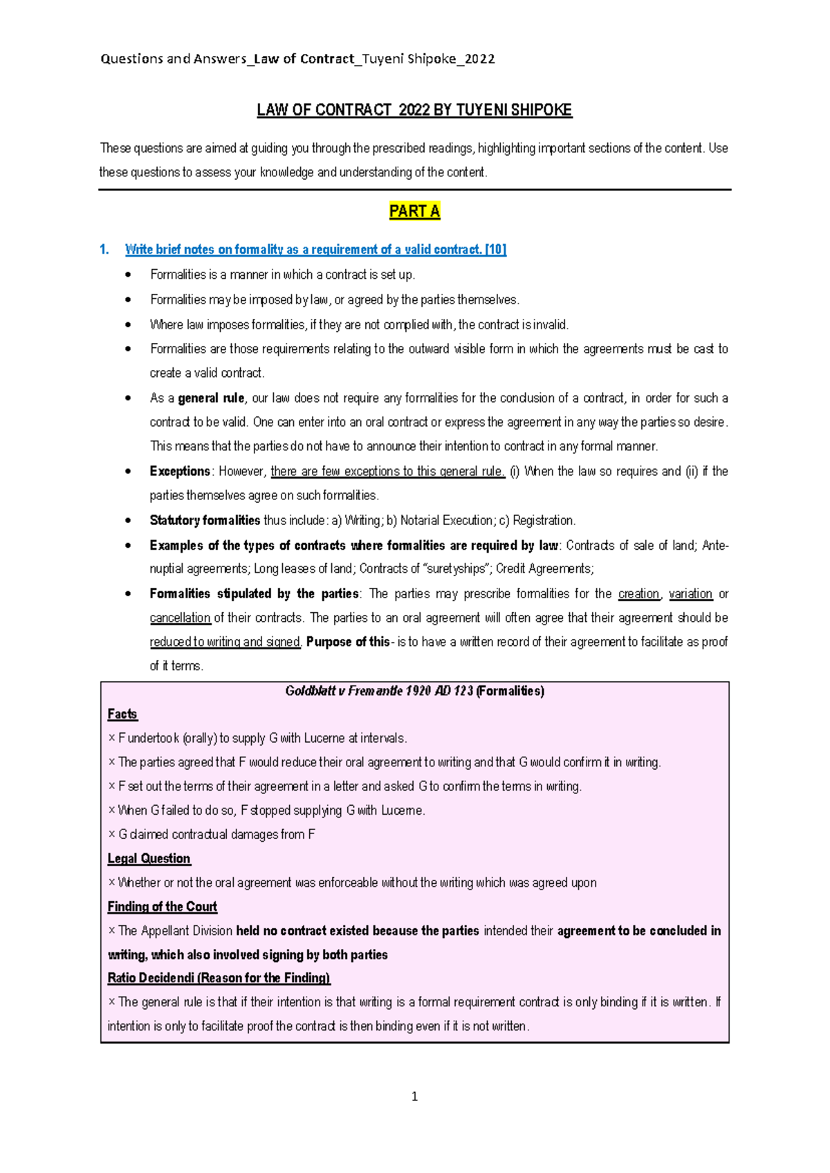 Final Exam Q&A - Law of Contract (LAW2022) Study Guide - Studocu