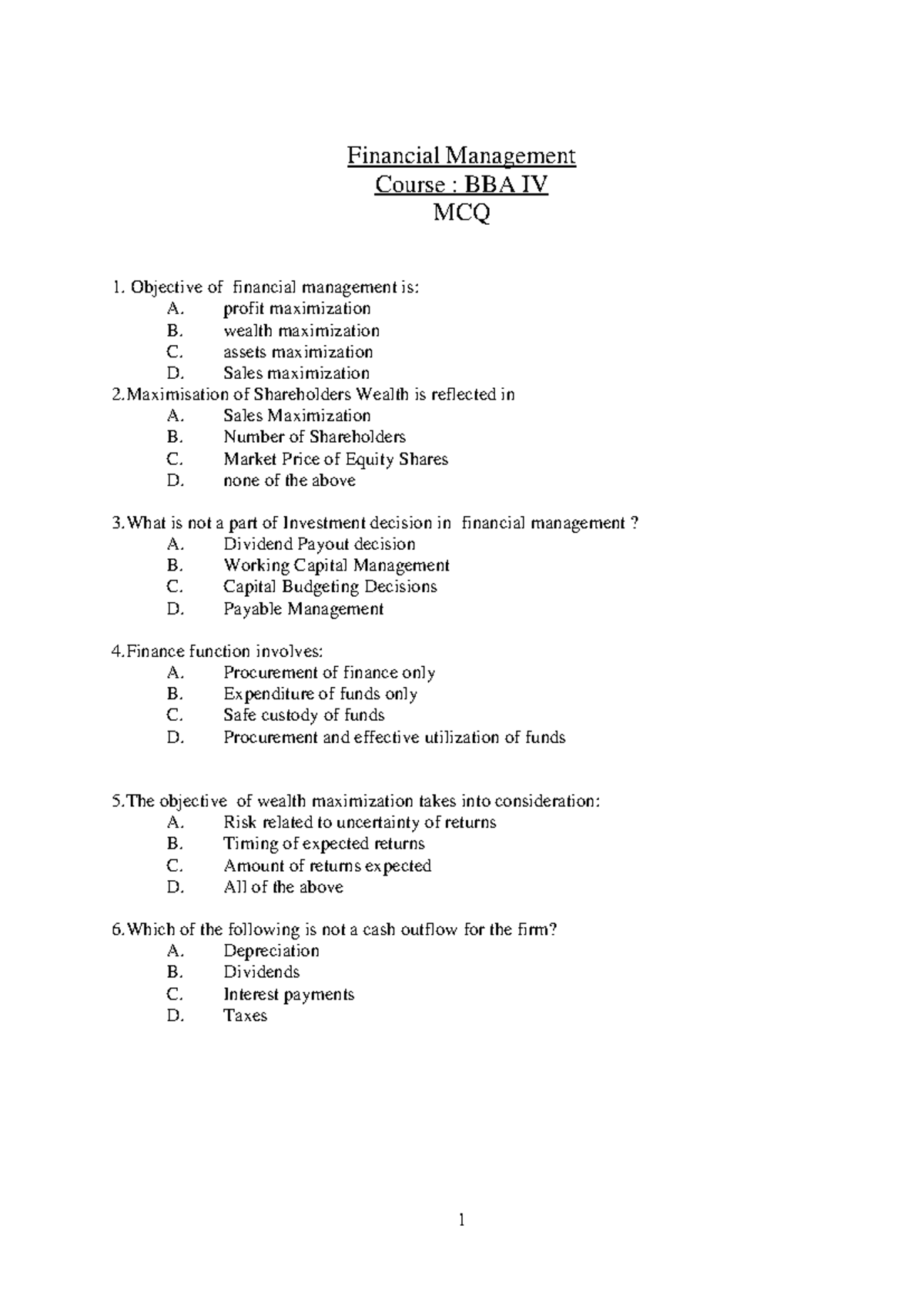 FM MCQs BBA IV - Comprehensive Financial Management Practice Test - Studocu