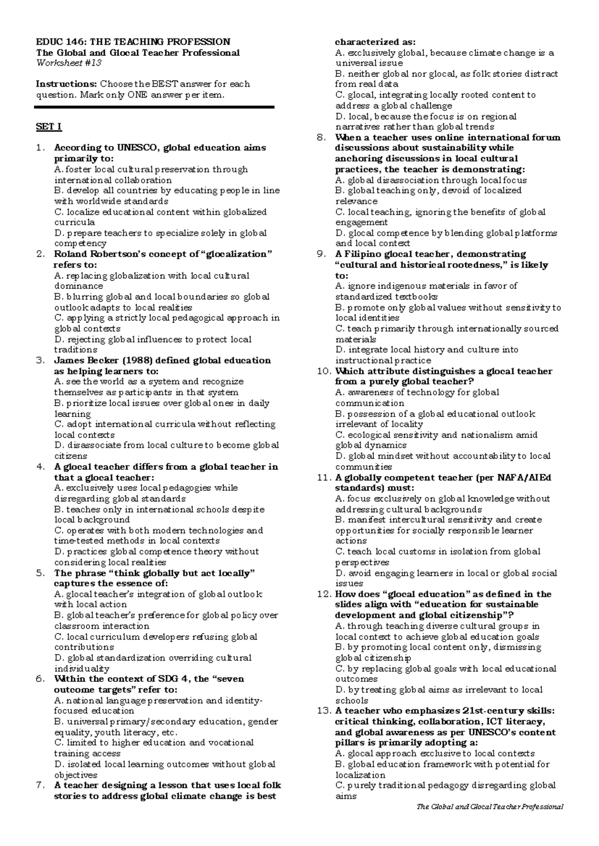 EDUC 146: Worksheet on The Global and Glocal Teacher Professional - Studocu