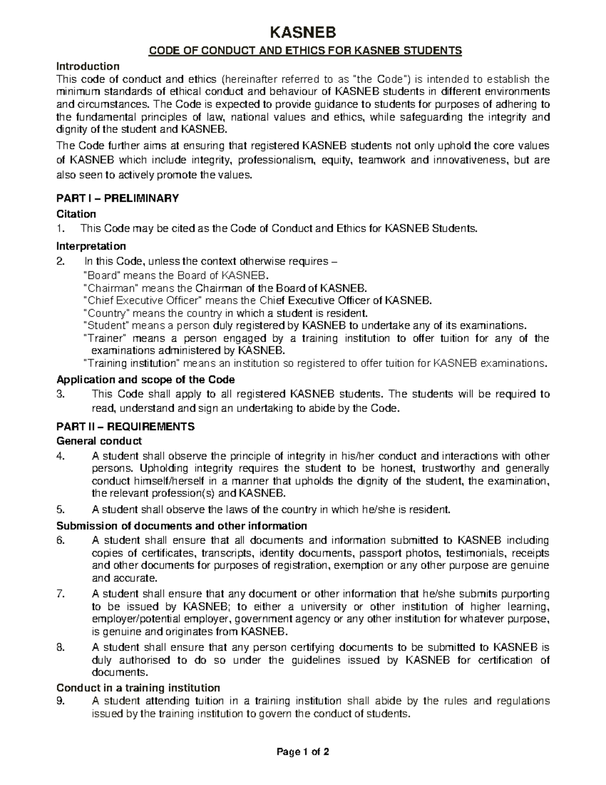KASNEB Code of Conduct & Ethics for Students: Guidelines and Standards ...