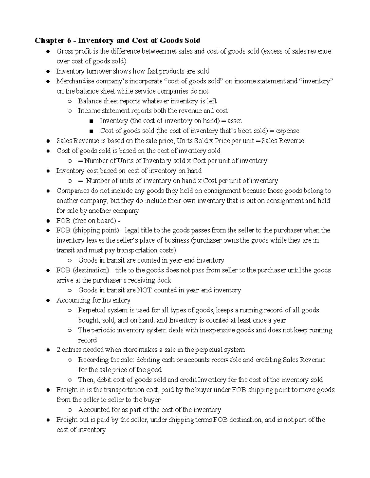 BUS 214 Midterm 2 Guide - Chapter 6 Inventory and Cost of Goods Sold ...