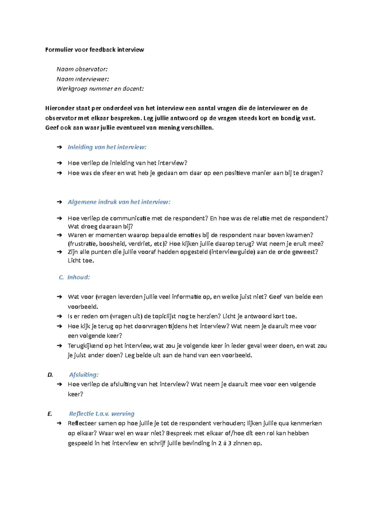 Reflectieformulier voor Interview: Feedback en Verbeterpunten - Studeersnel