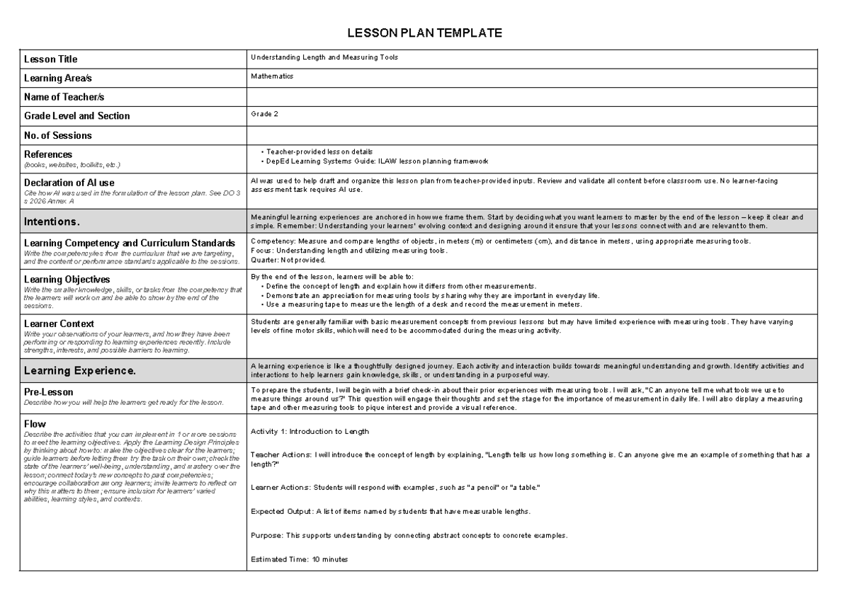 Lesson Plan Template: Understanding Length & Measuring Tools (Math 2 ...