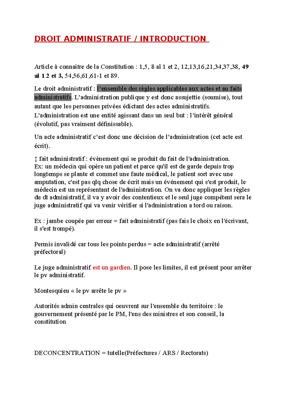 DROIT ADMINISTRATIF - Introduction et Leçon 1 sur les Actes ...