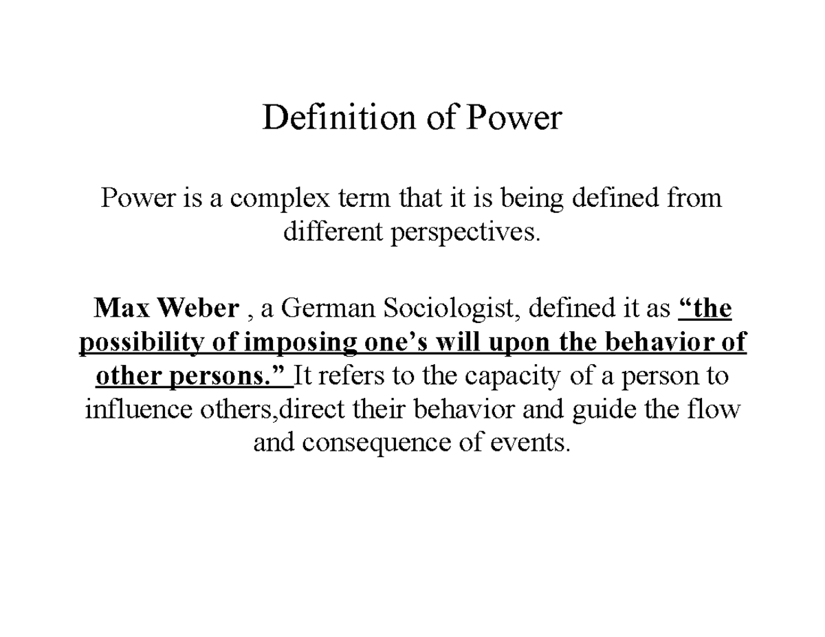 Power: Definitions and Perspectives on Influence - Studocu