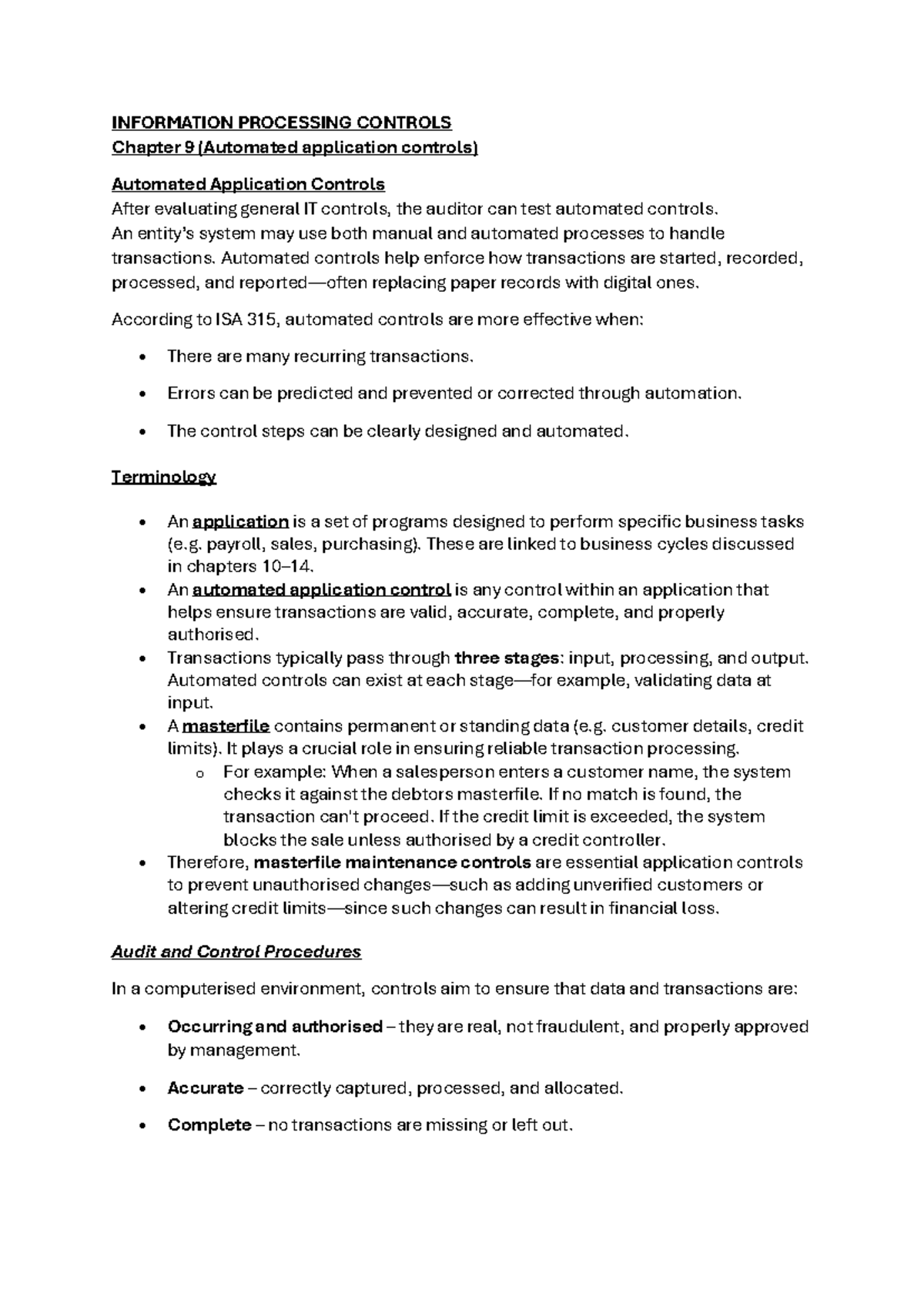INFORMATION PROCESSING CONTROLS Chapter 9: Automated Application ...