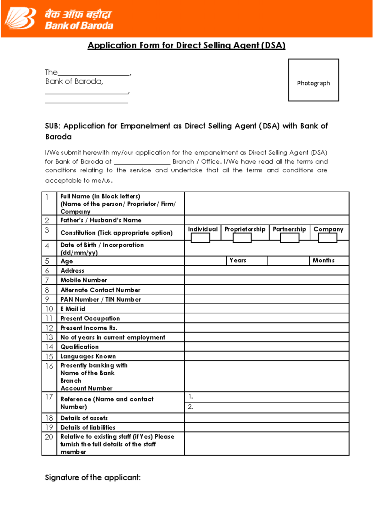 DSA Application Form for Bank of Baroda - Client Registration - Studocu