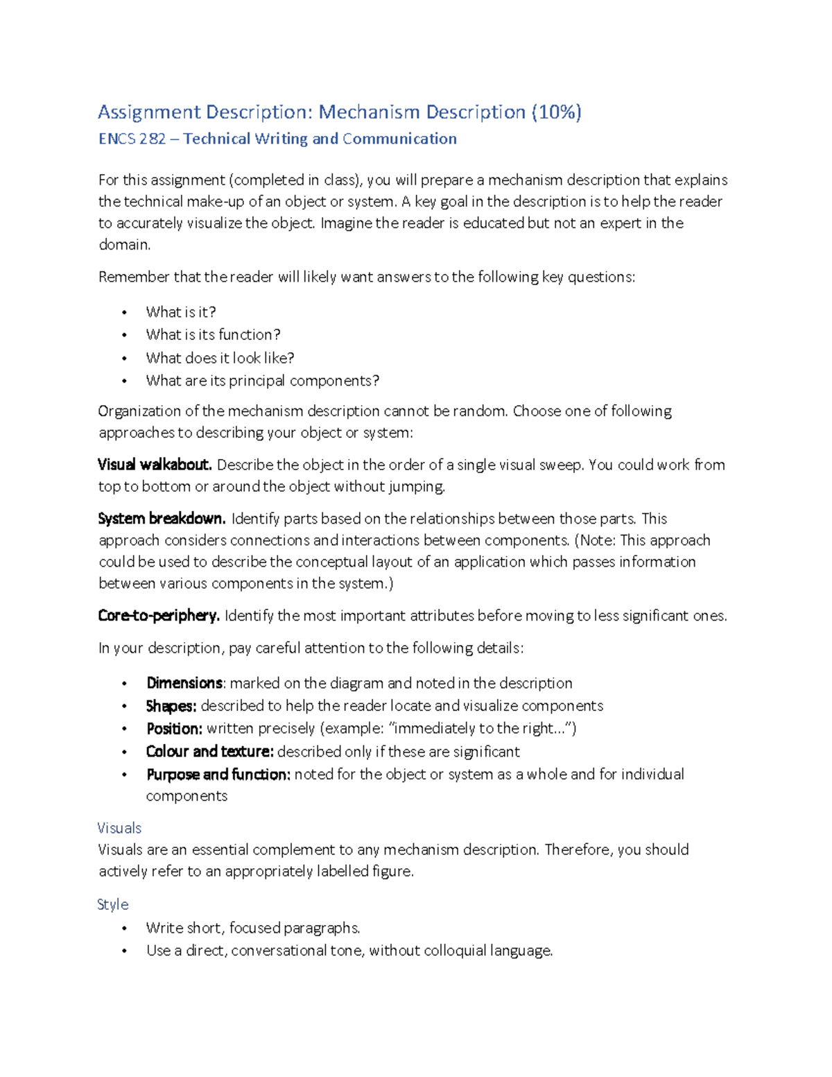 ENCS 282 - Assignment: Mechanism Description Guidelines (10%) - Studocu