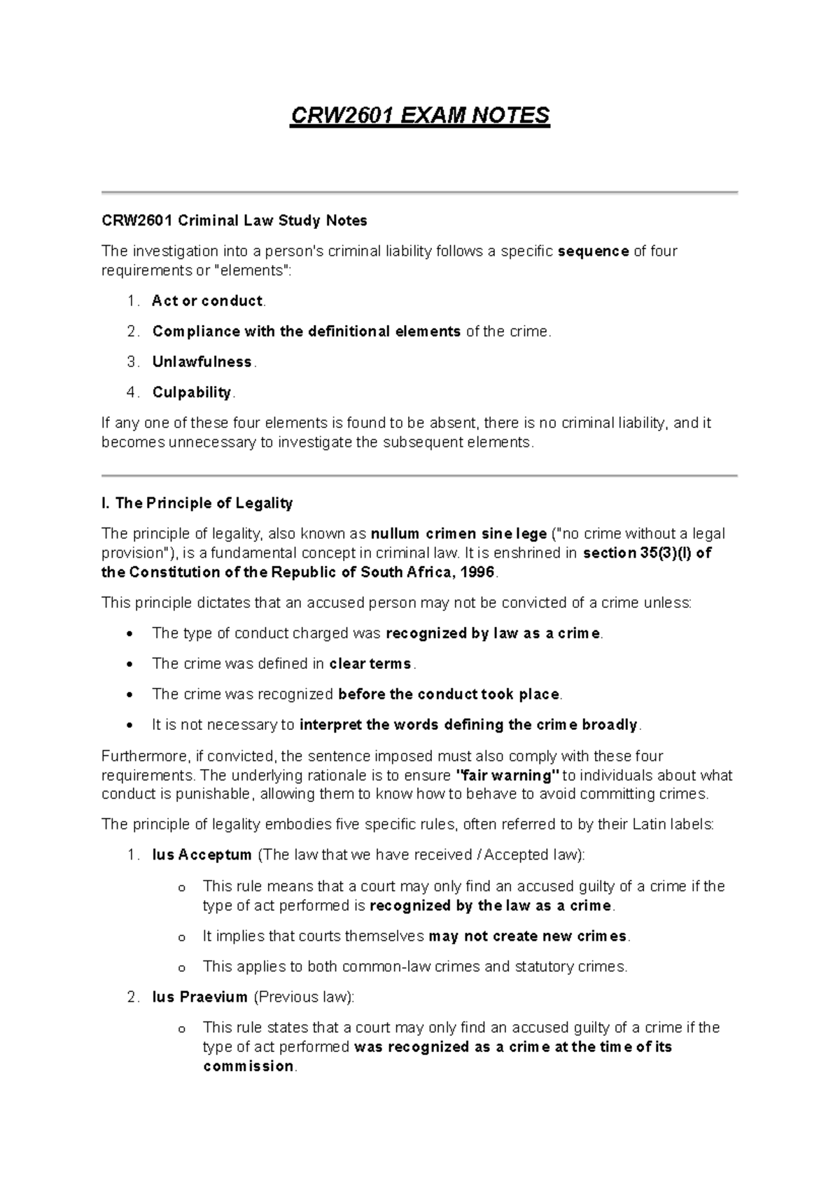 CRW2601 Final Exam Study Notes: Key Principles of Criminal Law - Studocu