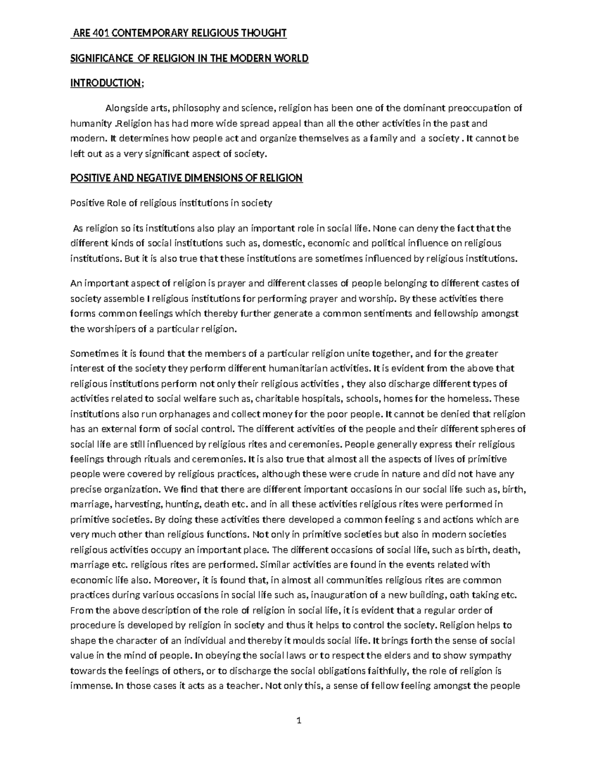 ARE 401 Contemporary Religious Thought: The Role of Religion in Modern ...