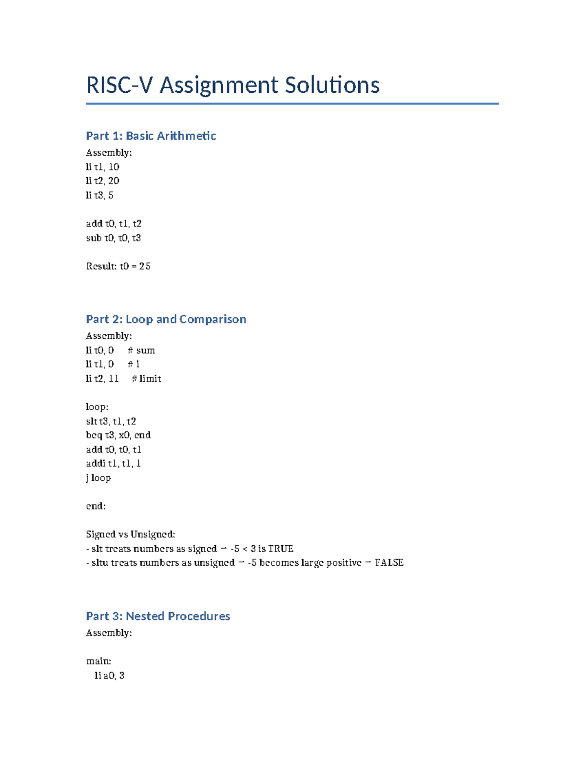 RISC-V Assignment Solutions: Basic Arithmetic & Procedures - Studocu