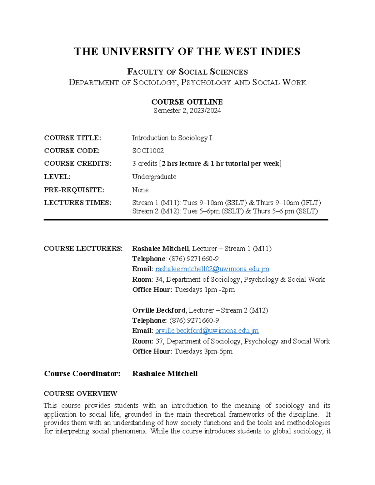 SOCI1002 Intro to Sociology I Course Outline for Semester 2, 2024 - Studocu