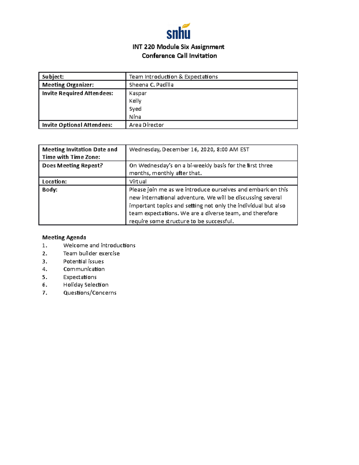 INT 220 Module 6 Team Intro & Expectations Conference Call Invite - Studocu