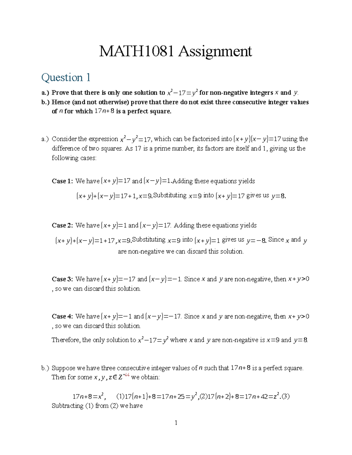 MATH1081 Assignment - MATH1081 Assignment Question 1 a.) Prove that ...