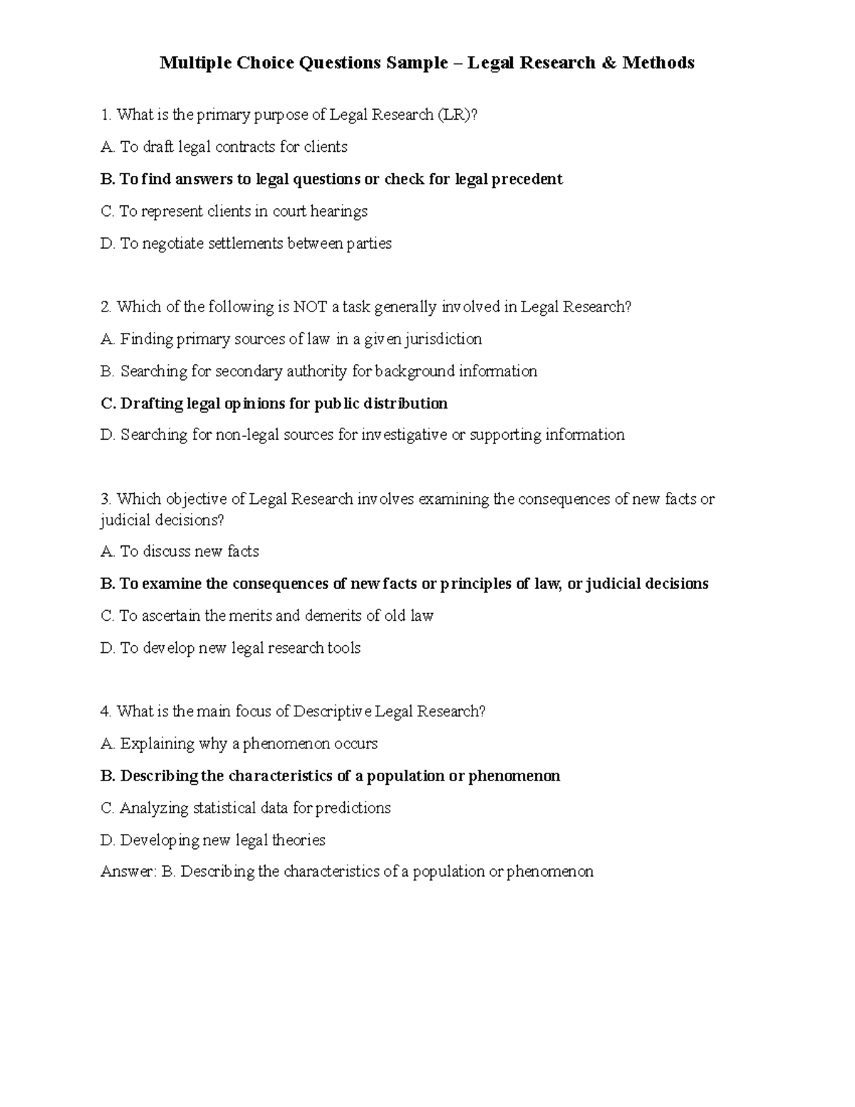 Legal Research Methods MCQs Sample for LR 101 - Studocu