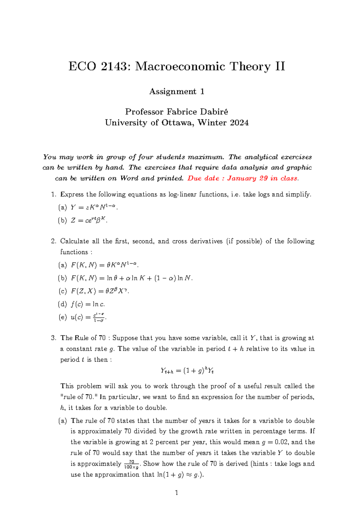 Assignment 1 - ECO 2143: Macroeconomic Theory II Assignment 1 Professor ...