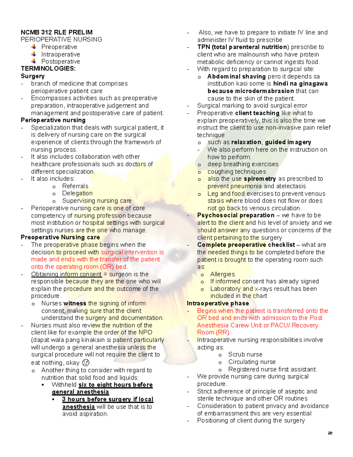 NCMB 312 RLE PRELIM: Comprehensive Guide to Perioperative Nursing Care ...