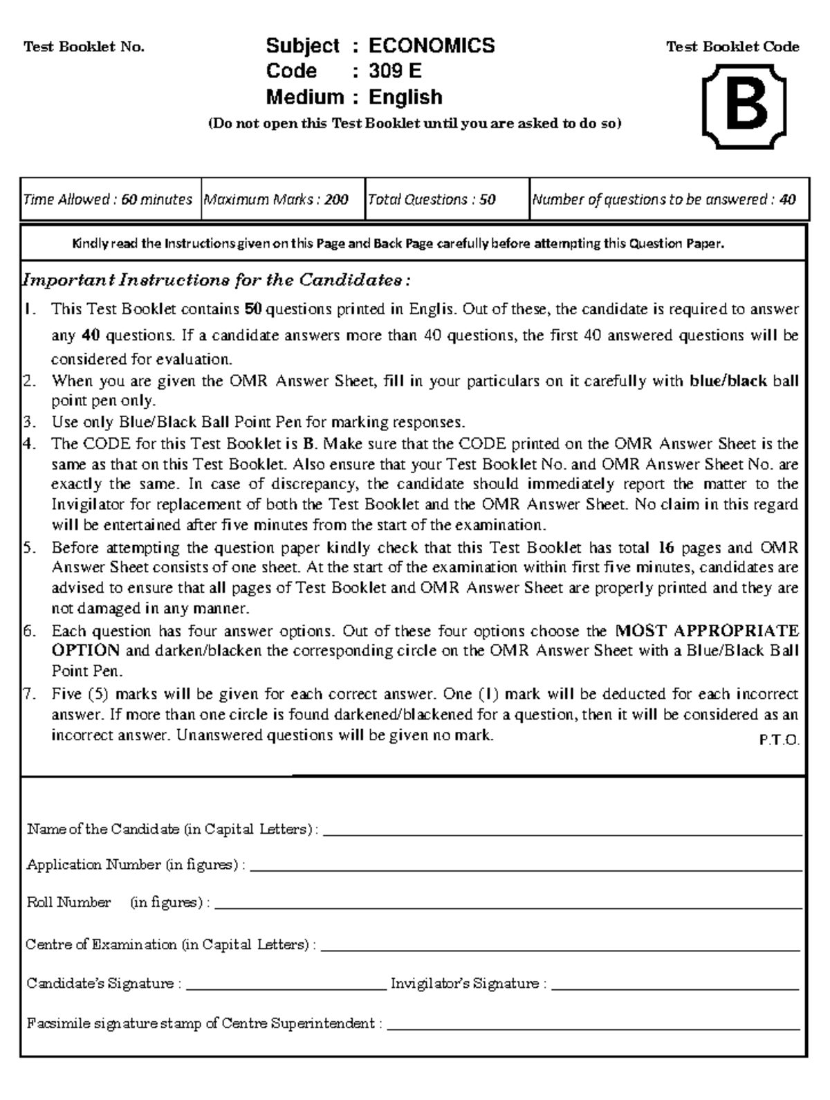 CUET 2024: Economics Question Paper Set B (Test Booklet Code: 309 ...