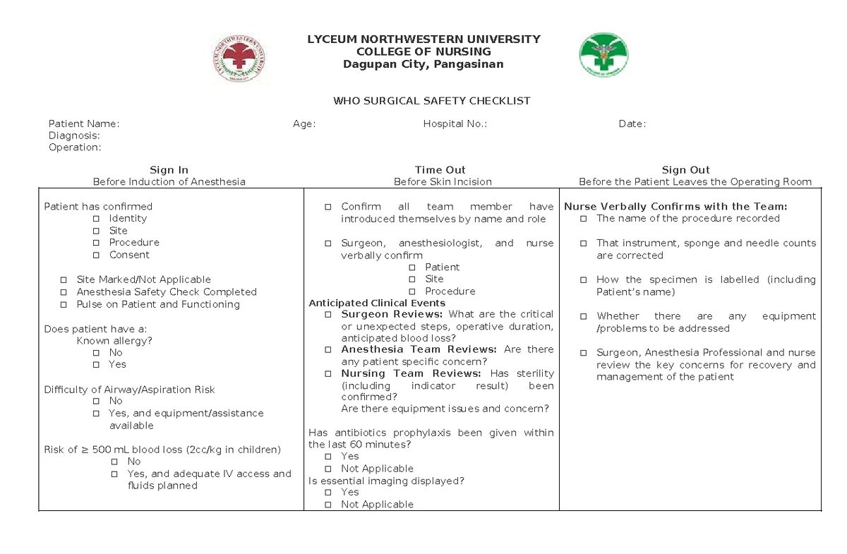 LYCEUM NORTHWESTERN UNIVERSITY COLLEGE OF NURSING Surgical Safety ...