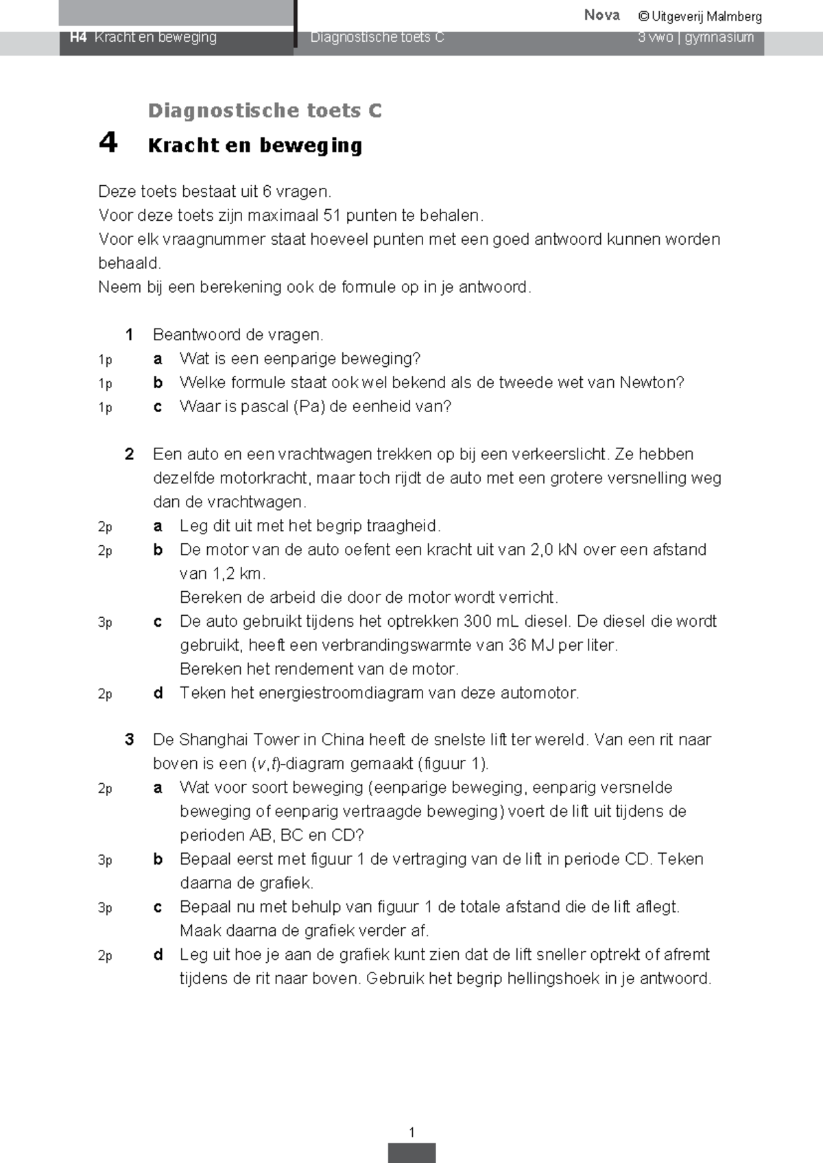 H4 Kracht en Beweging Diagnostische Toets C 3 VWO | Gymnasium - Studeersnel
