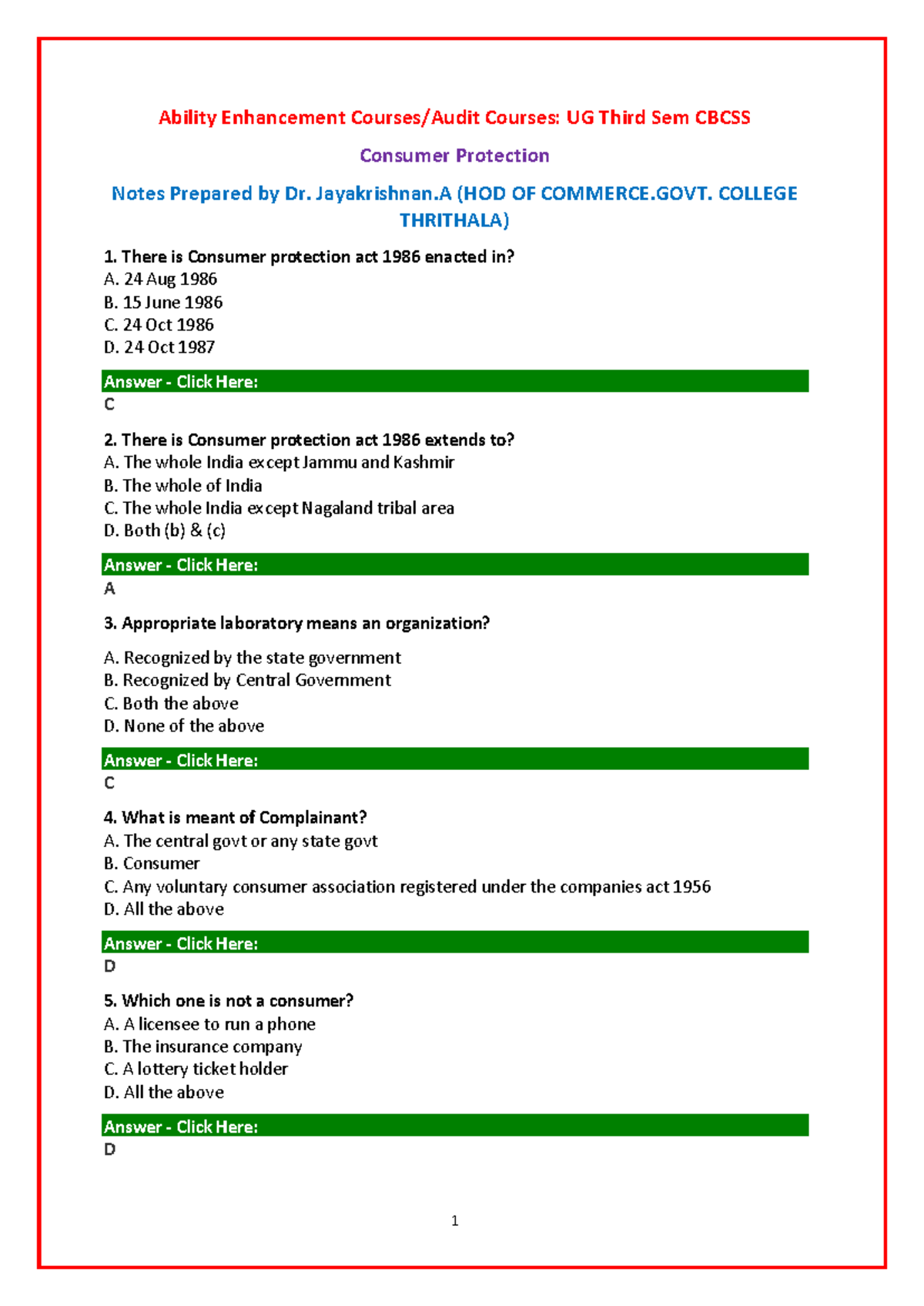 UG Third Sem CBCSS Consumer Protection Notes - Dr. Jayakrishnan.A - Studocu