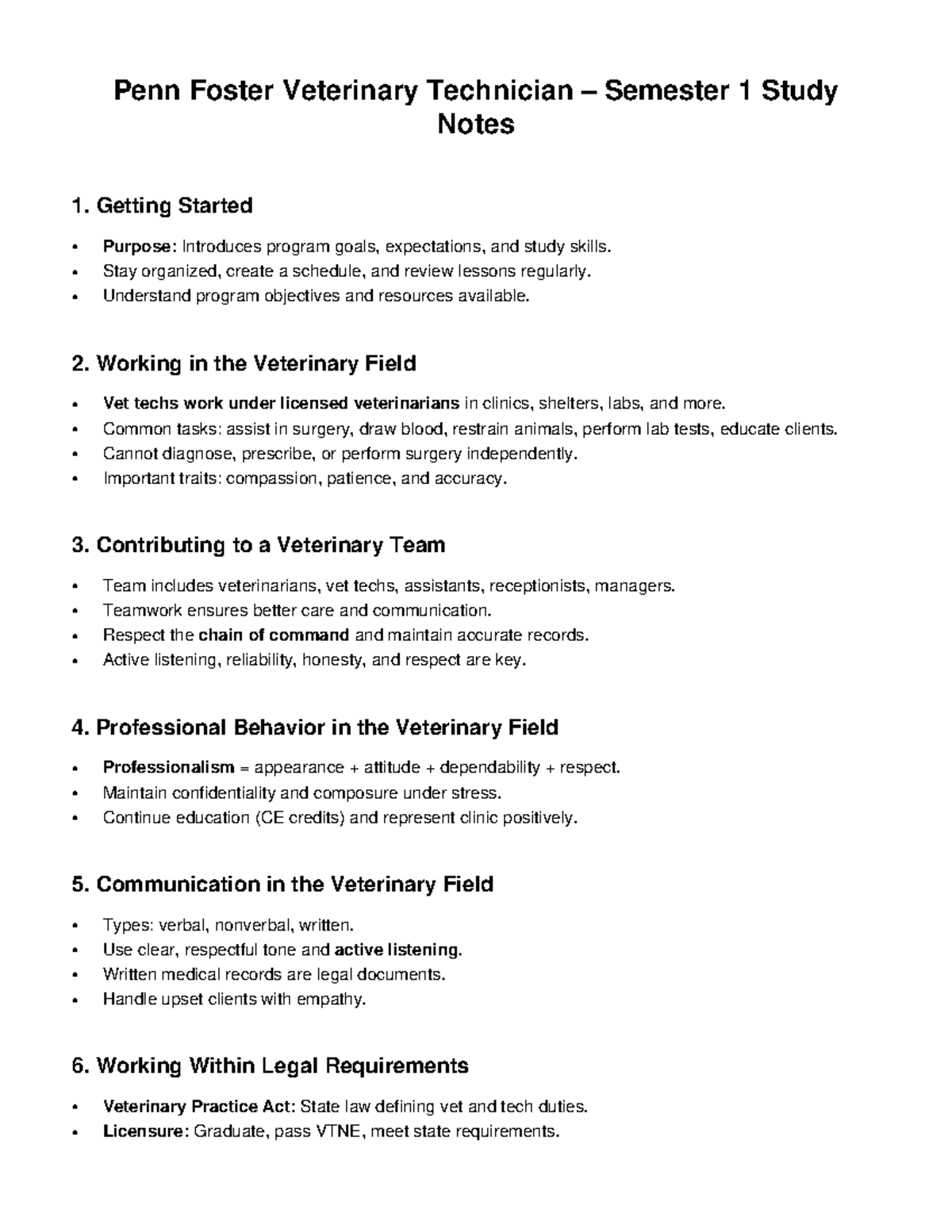 Penn Foster Vet Tech Semester 1 Study Notes: Key Concepts & Skills ...