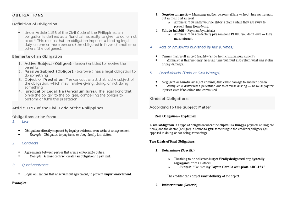 OBLIGATIONS: Key Concepts and Definitions (RFBT) - Studocu