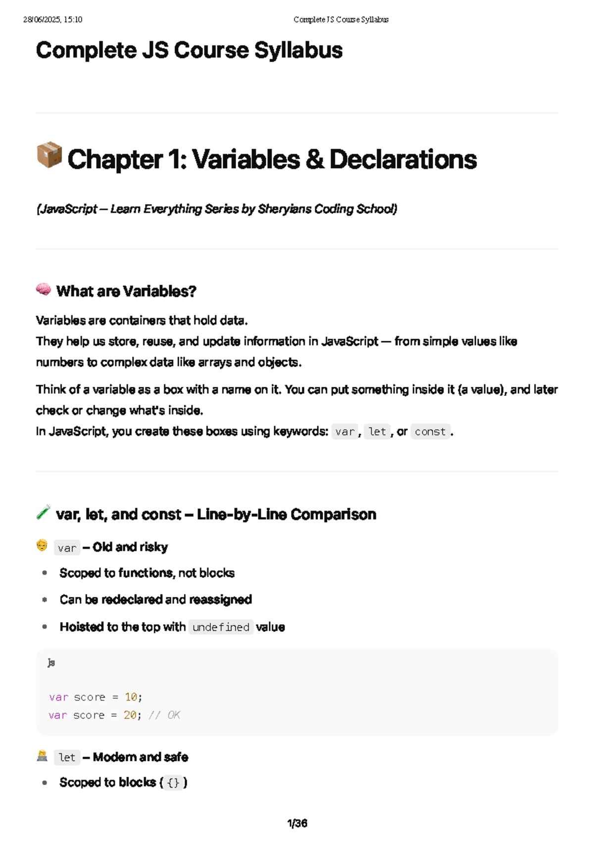 Complete JS Course Syllabus: Chapter 1 - Variables & Data Types - Studocu