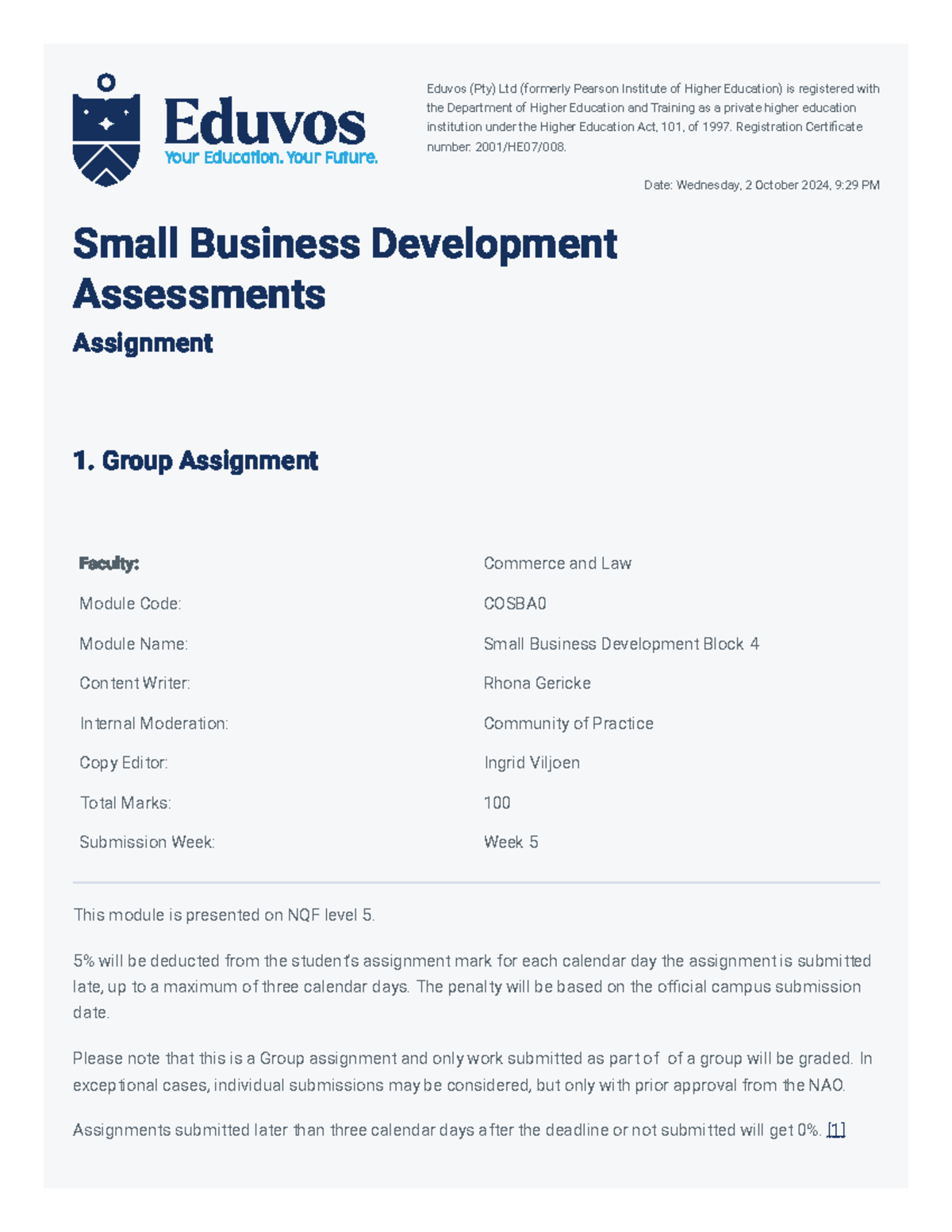 COSBA Group Assignment: Small Business Development Insights - Studocu