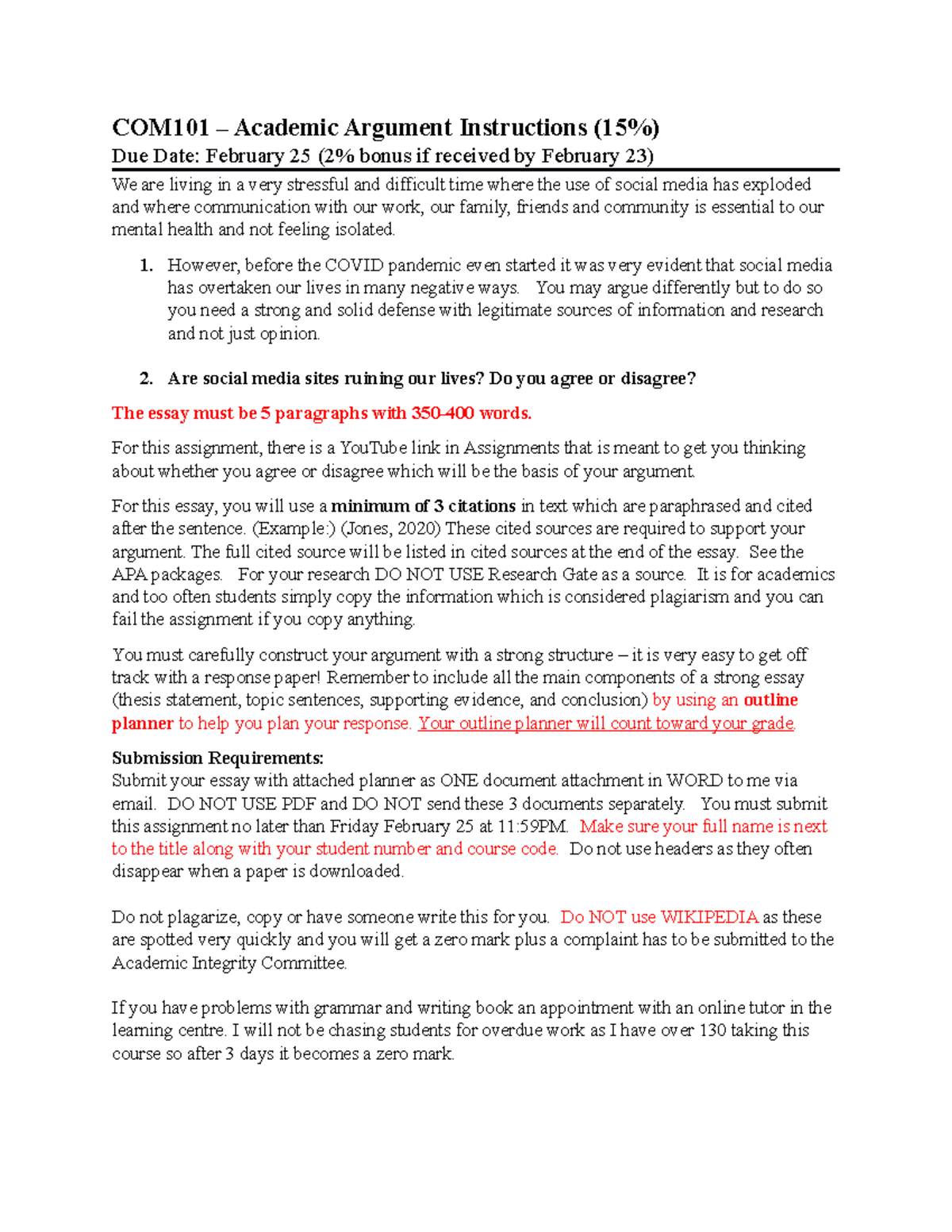 COM101 Argumentative Essay Guidelines and Requirements - Studocu
