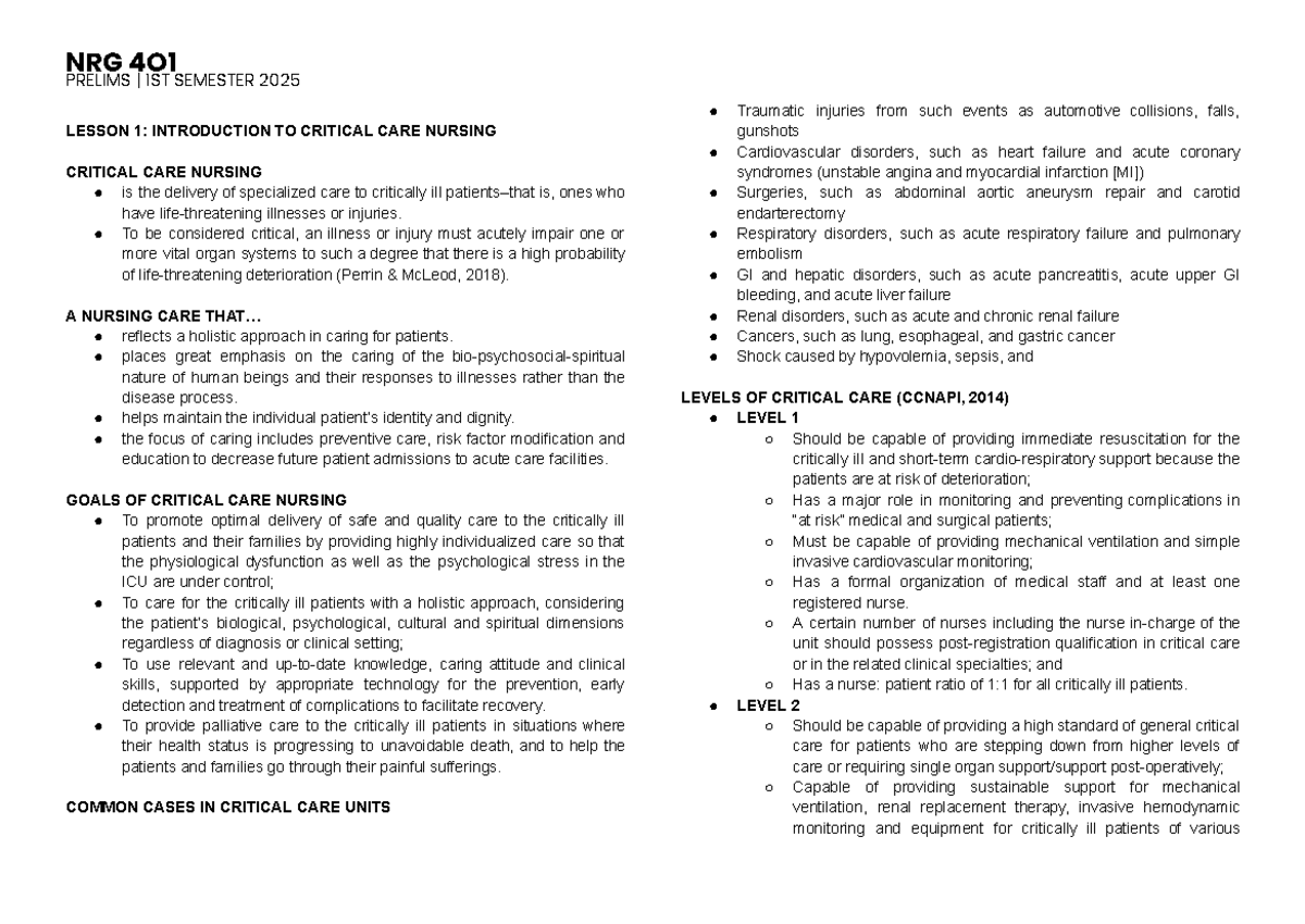 NRG 401 PRELIMS 1ST SEMESTER 2025: INTRO TO CRITICAL CARE NURSING - Studocu