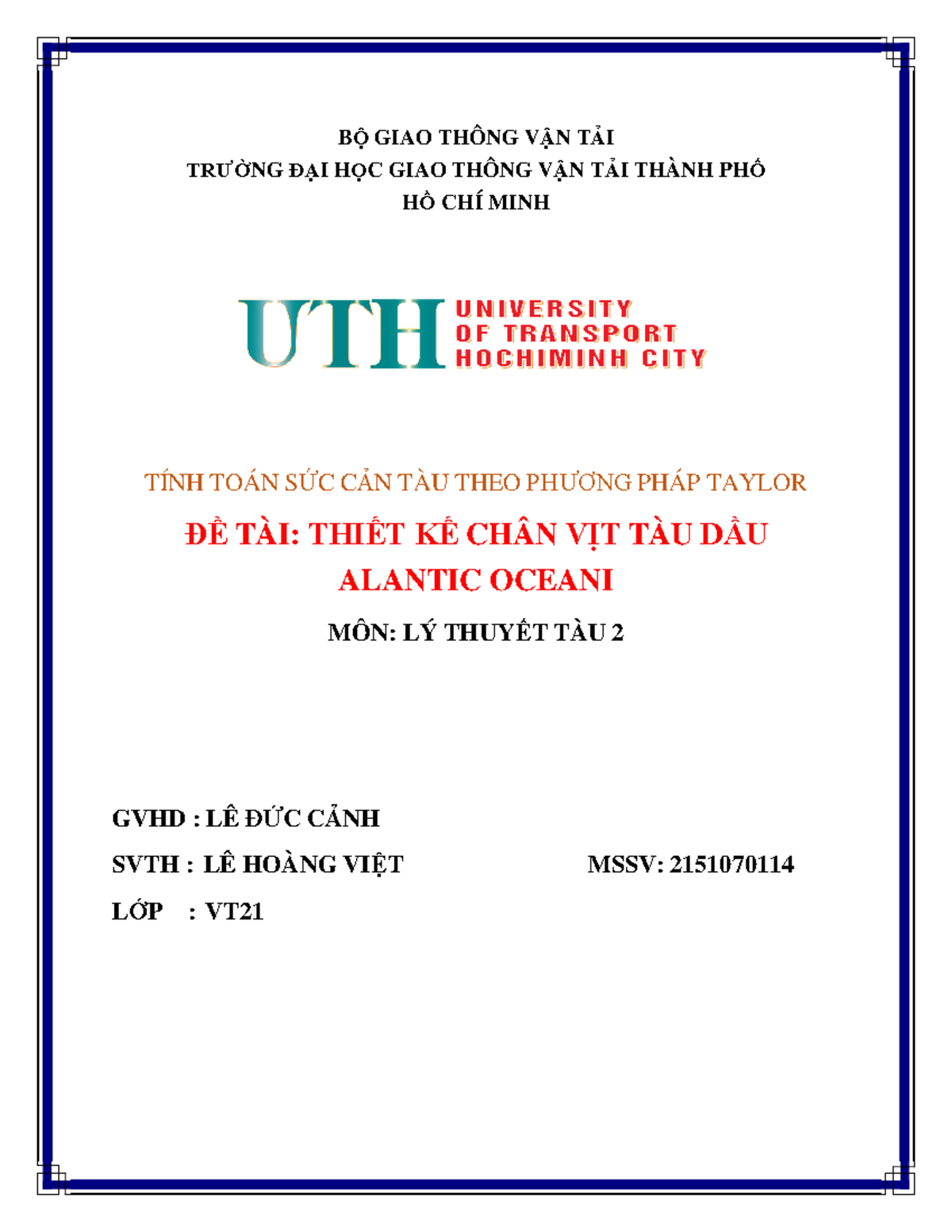 Tính Toán Sức Cản Chân Vịt Tàu Dầu Theo Phương Pháp Taylor - Lý Thuyết Tàu 2 - Document Preview